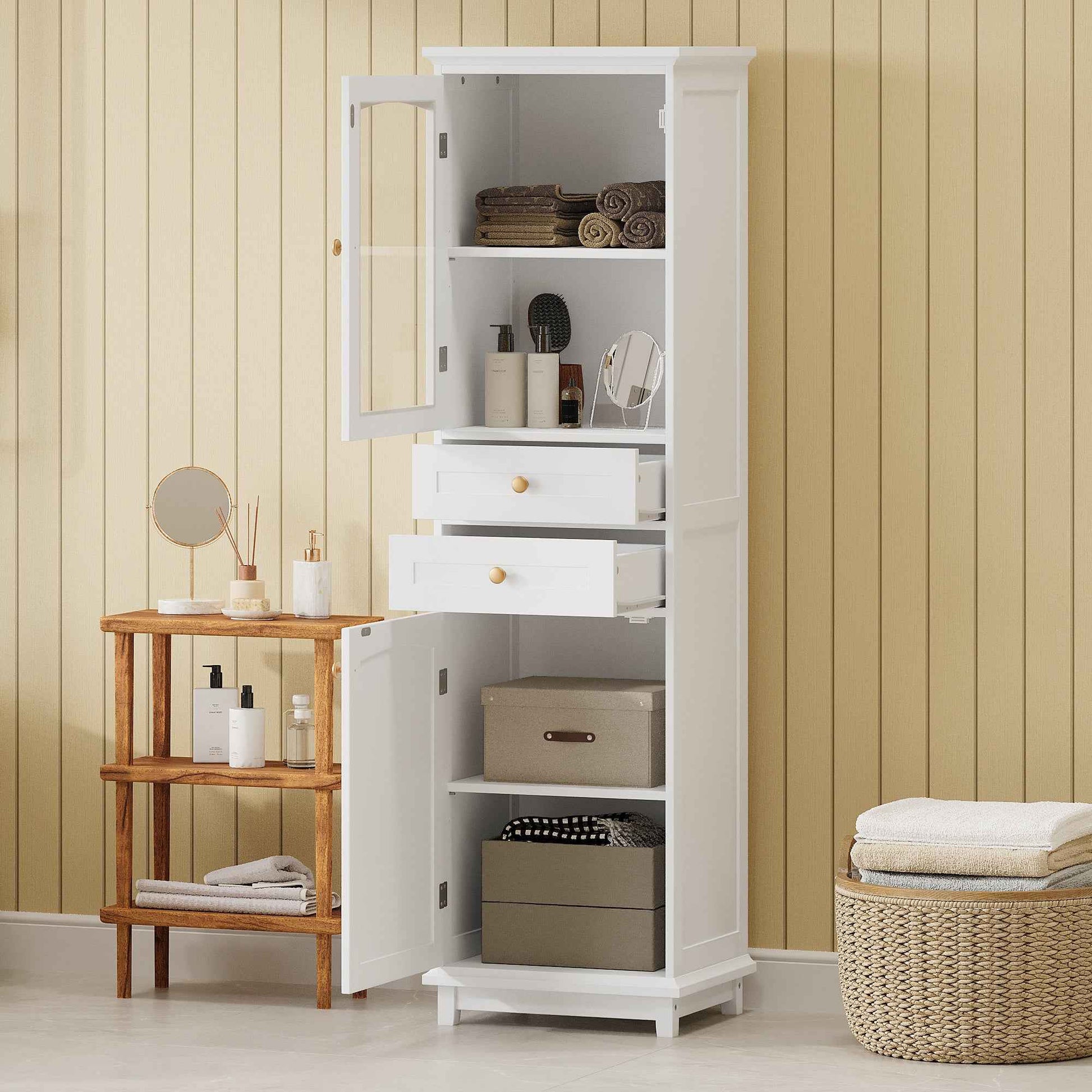 Modern Tall Bathroom Storage Cabinet with Glass Doors, Two Drawers, Adjustable Shelves, Made of MDF with White Painted Finish, 17.76'W x 14.21'D x 62.99'H