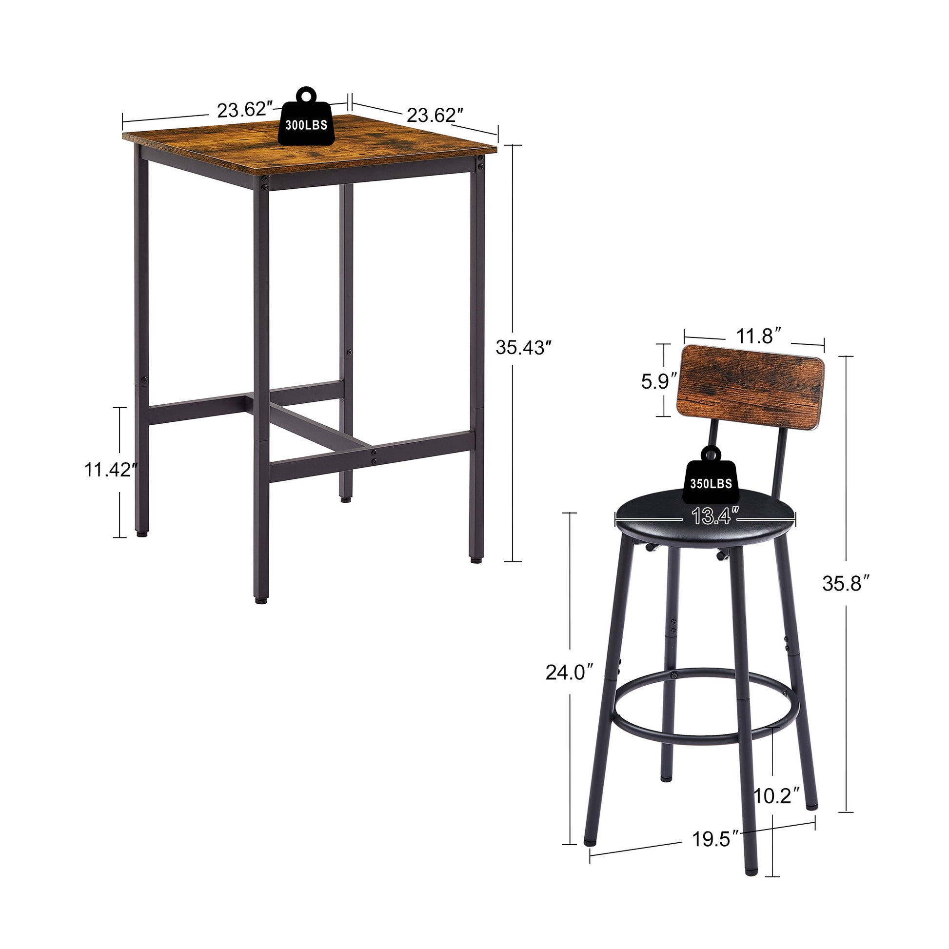Bar Table Set with 2 Bar stools PU Soft seat with backrest, Rustic Brown, 23.62'' W x 23.62'' D x 35.43'' H - Abrihome