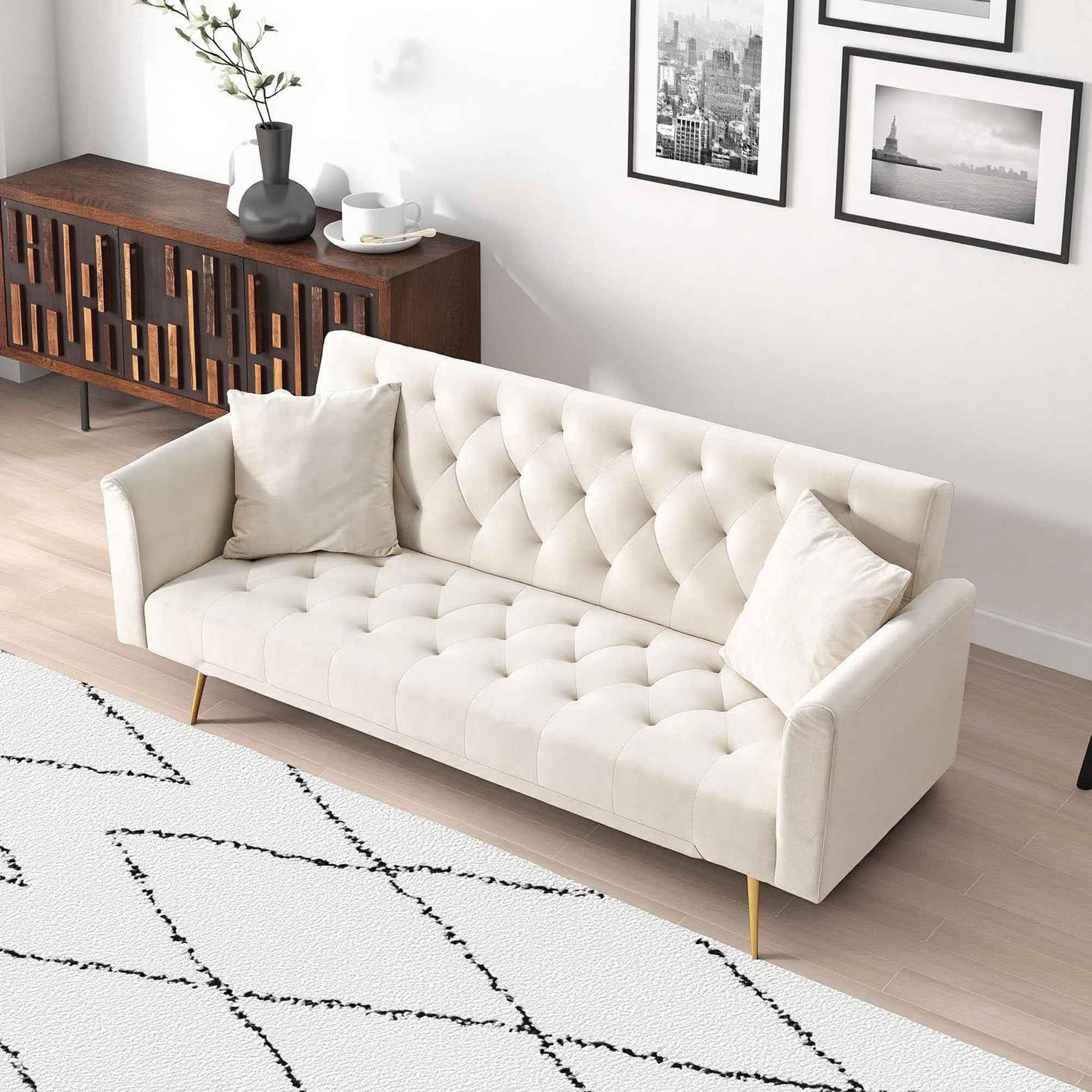 71 inch convertible love seat sofa, American retro beige velvet, suitable for small living room, bedroom, office