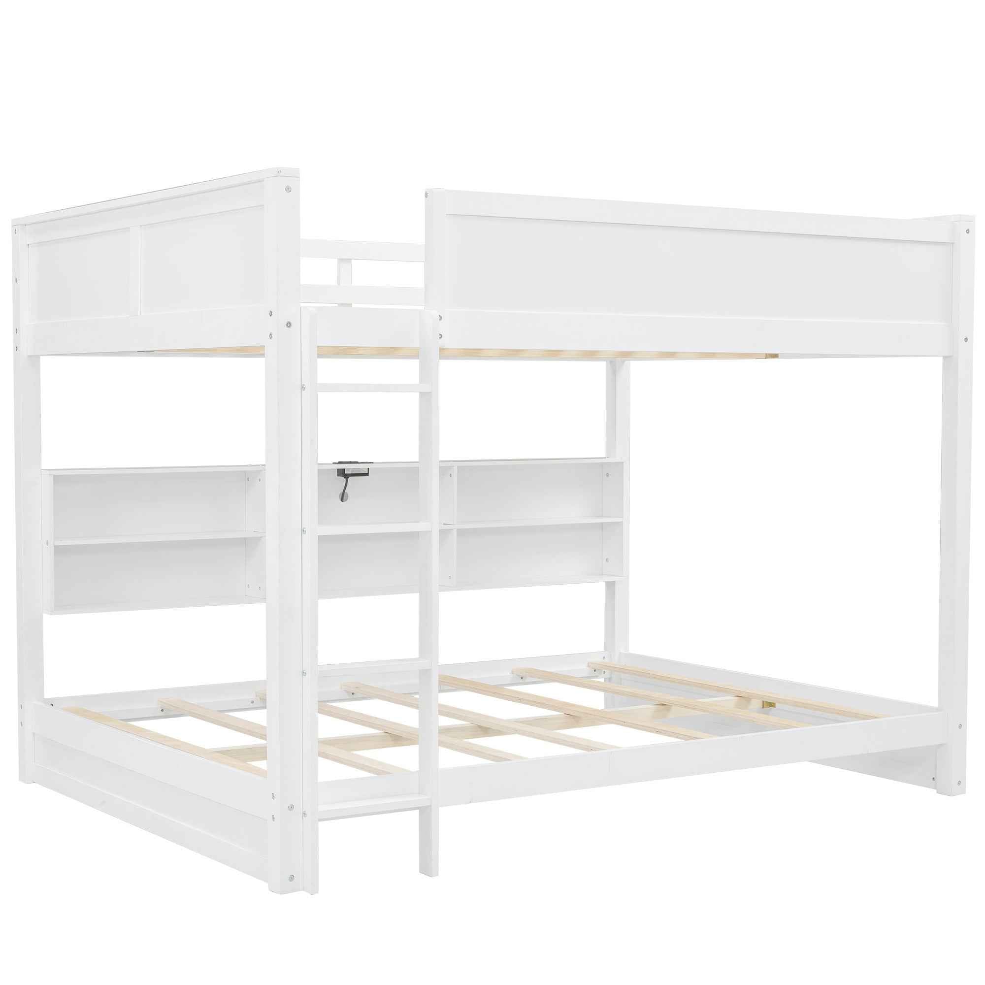 White Queen over Queen Bunk Bed with Storage Cabinets and USB Ports, Pine Wood+MDF