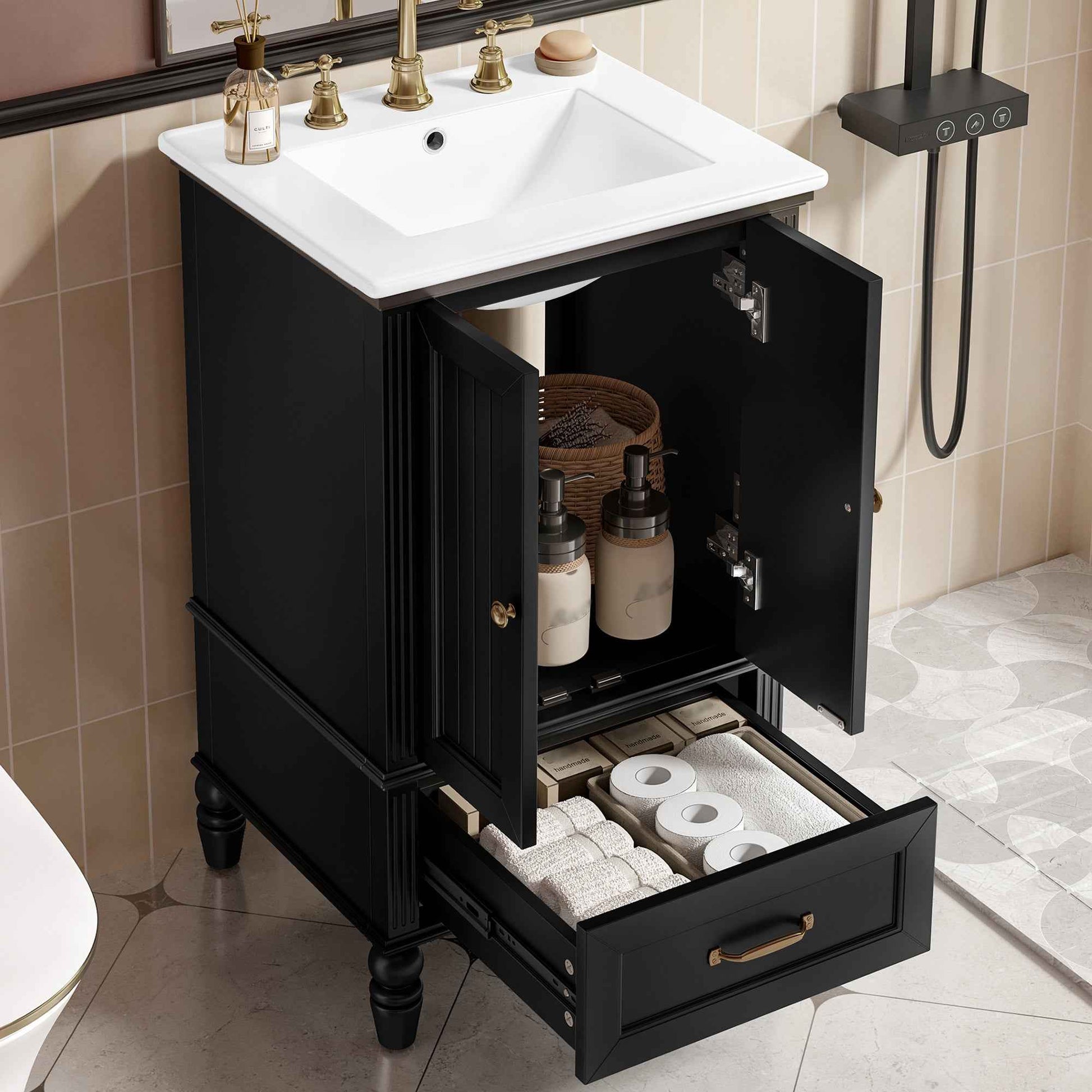 20' Bathroom Vanity with Sink, Bathroom Cabinet with Two Doors, Magnetic Door Stopper and  Adiustable Foot Pads, A Drawer, Black