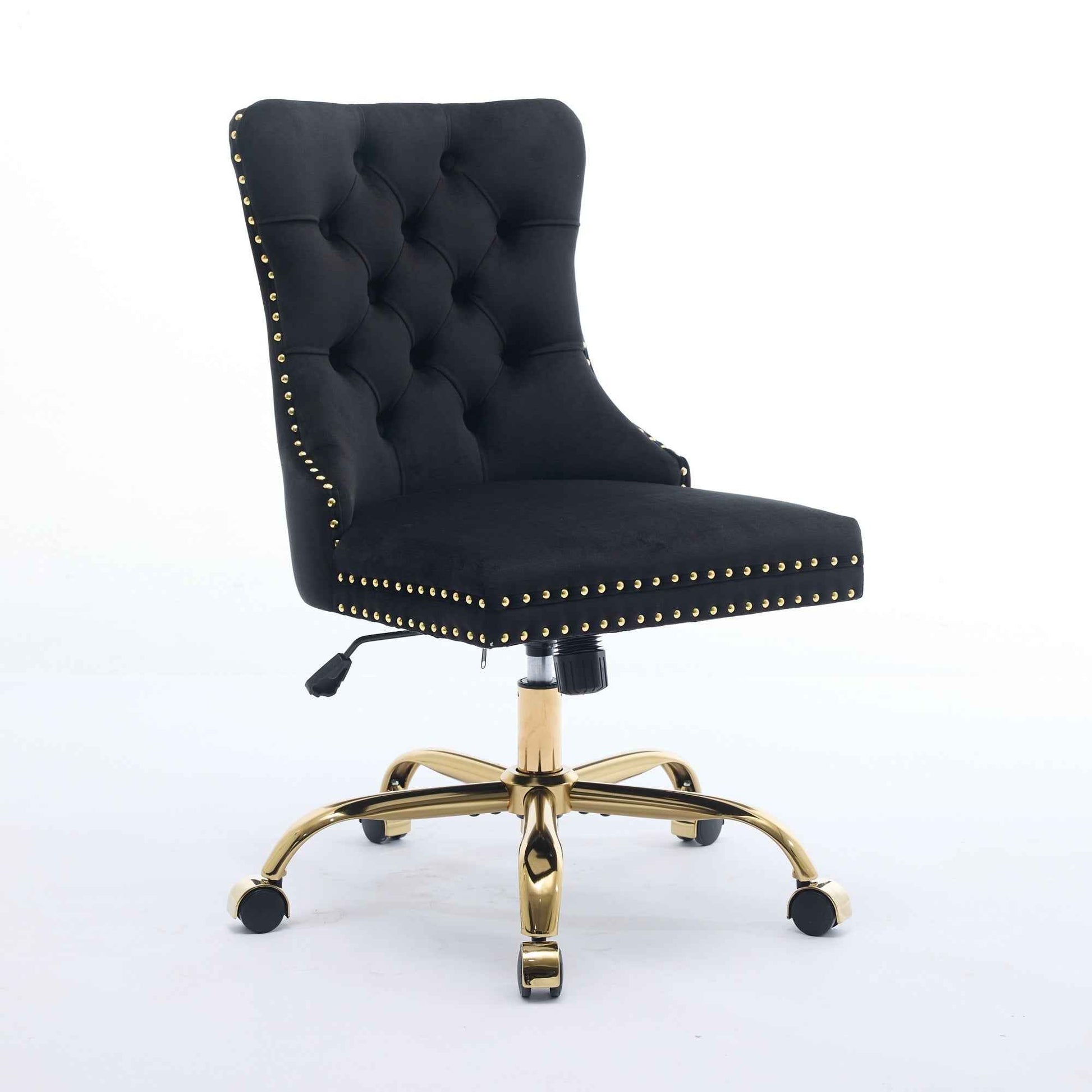 A&A Furniture Office Chair,Modern Velvet Upholstered Tufted Button Home Office Chair with Golden Metal Base,Adjustable Desk Chair Swivel Office Chair (Black)