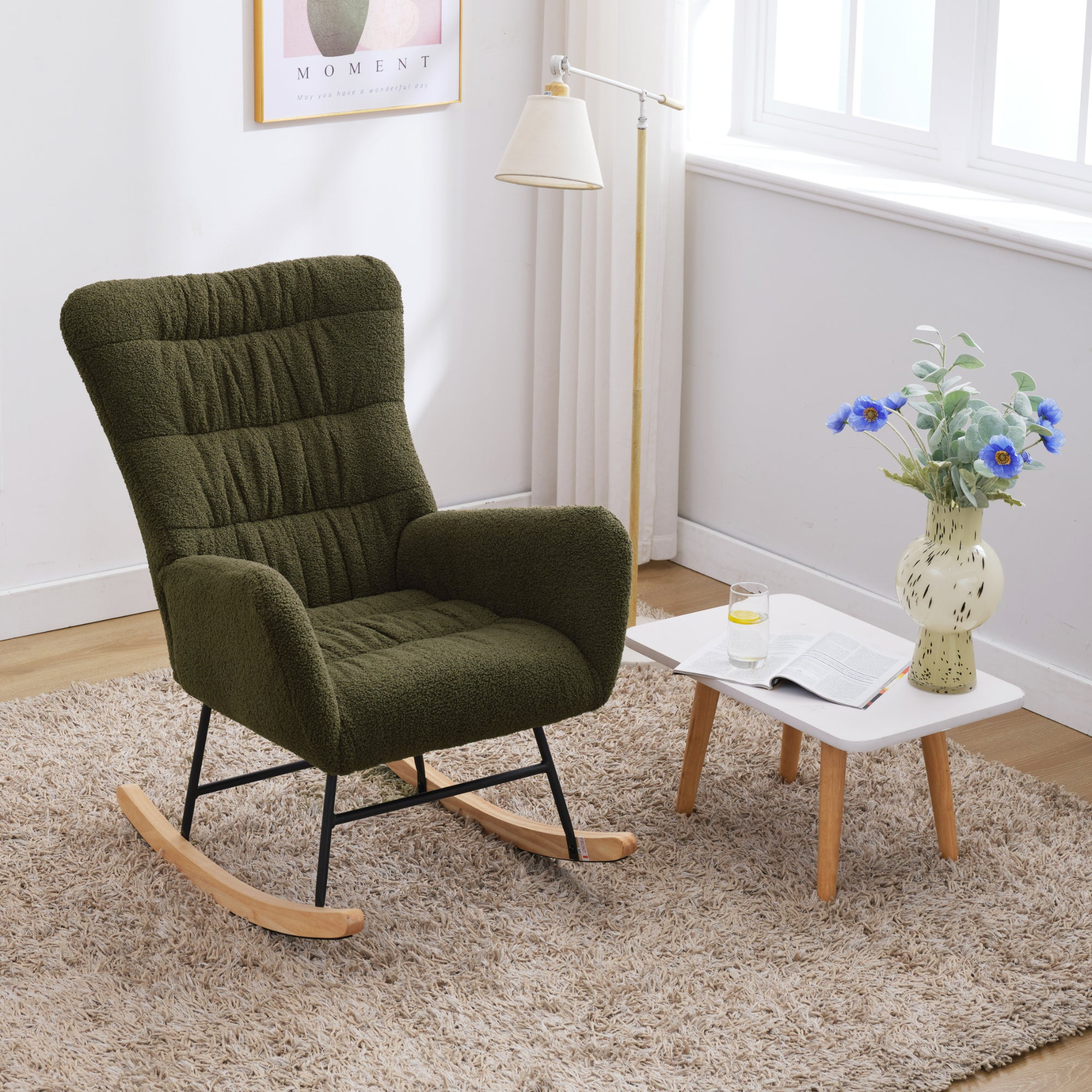 Nursery Rocking Chair, Teddy Upholstered Glider Rocker, Rocking Accent Chair with High Backrest, Comfy Rocking Accent Armchair for Living Room, Bedroom, Offices, DARK GREEN