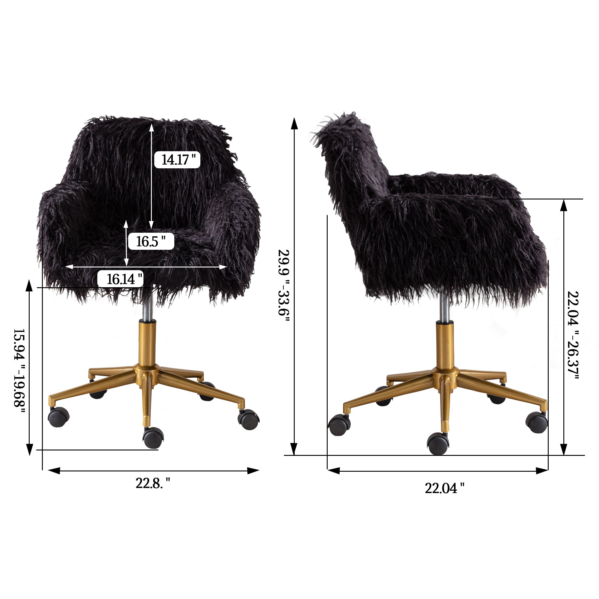 HengMing Modern Faux fur home office chair, fluffy chair for girls, makeup vanity Chair with Gold Plating Base