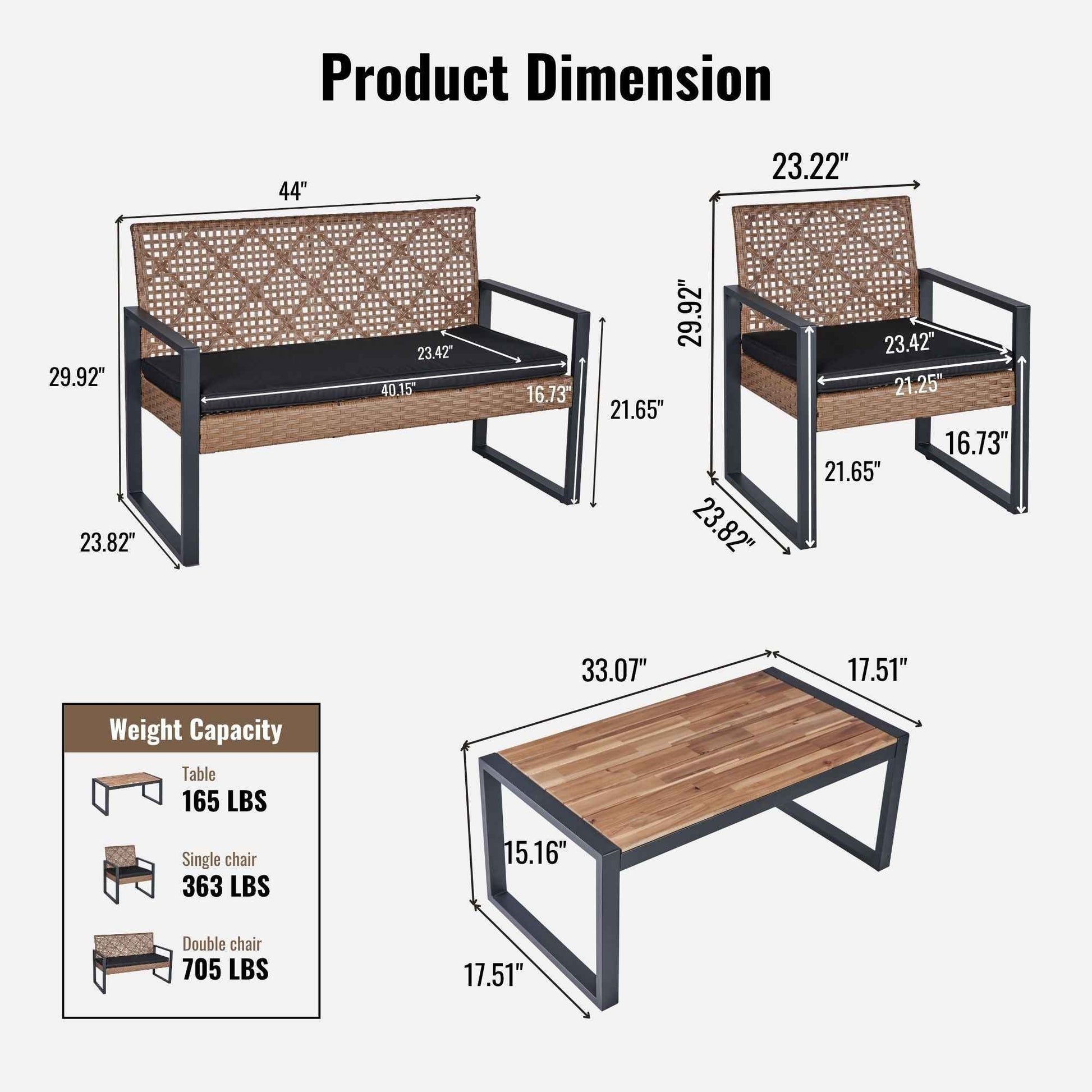 Modern Outdoor 4-Piece Patio Furniture Set with Acacia Wood Table Top, Black and Light Brown