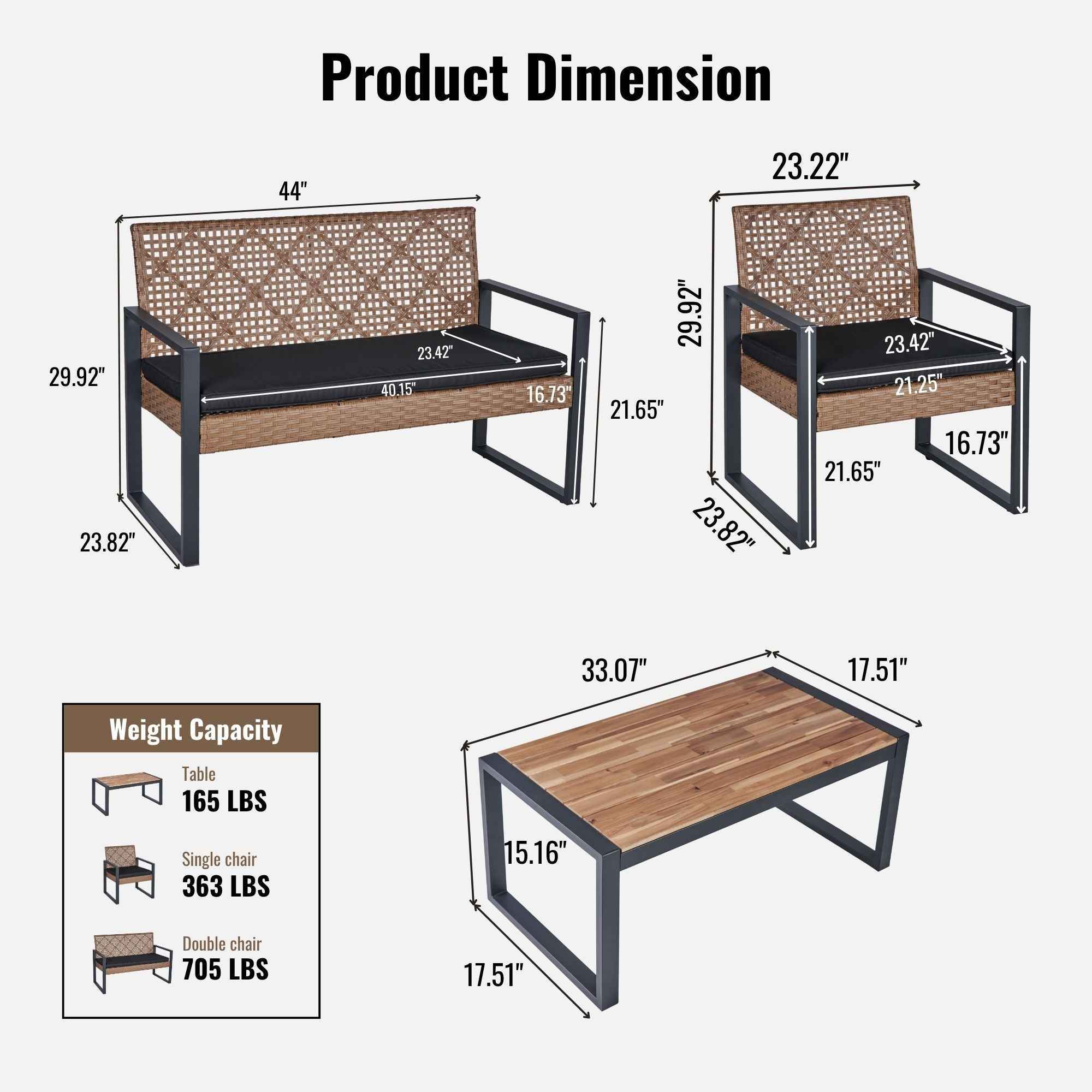 Modern Outdoor 4-Piece Patio Furniture Set with Acacia Wood Table Top, Black and Light Brown