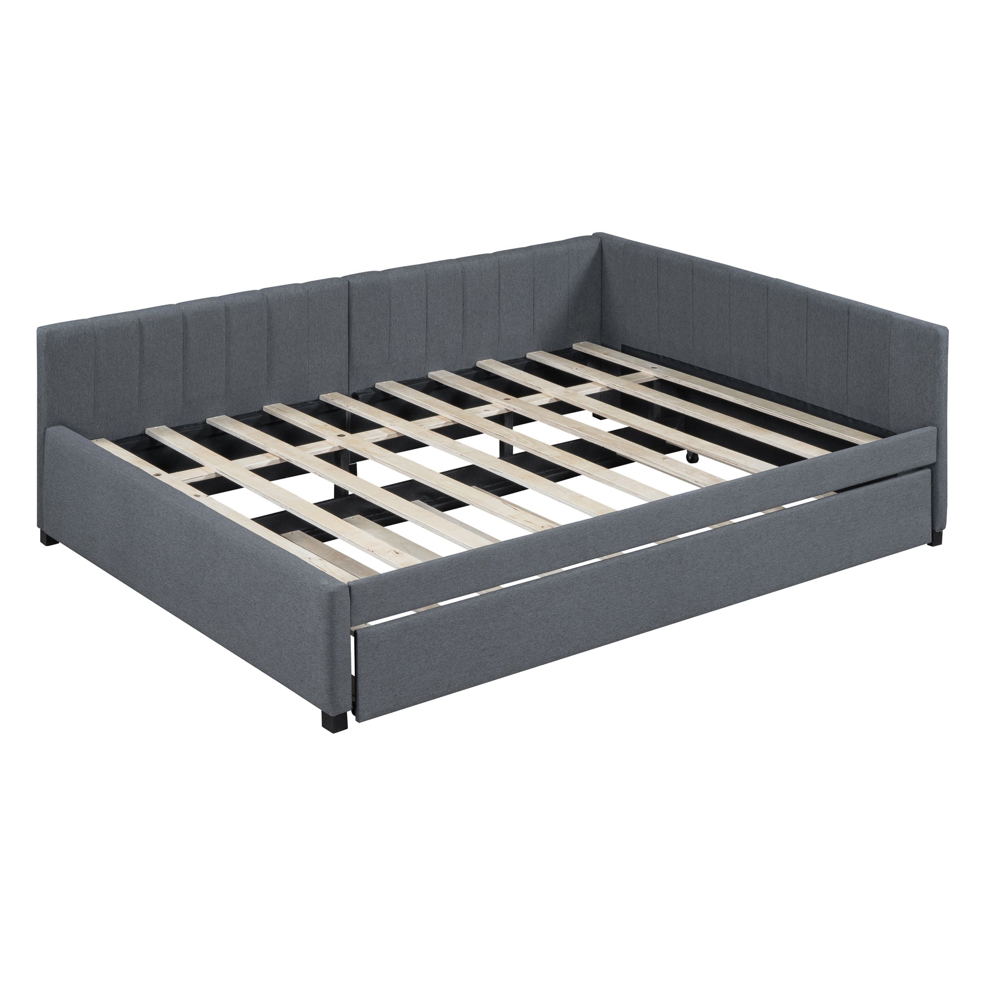 Full Size Upholstered Daybed with Trundle Sofa Bed Frame No Box Spring Needed, Linen Fabric(Gray) - Abrihome