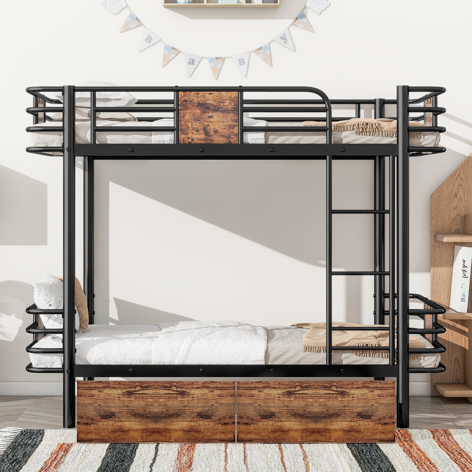 Twin XL over Twin XL Metal Bunk Bed with MDF Board Guardrail and Two Storage Drawers,Black - Abrihome
