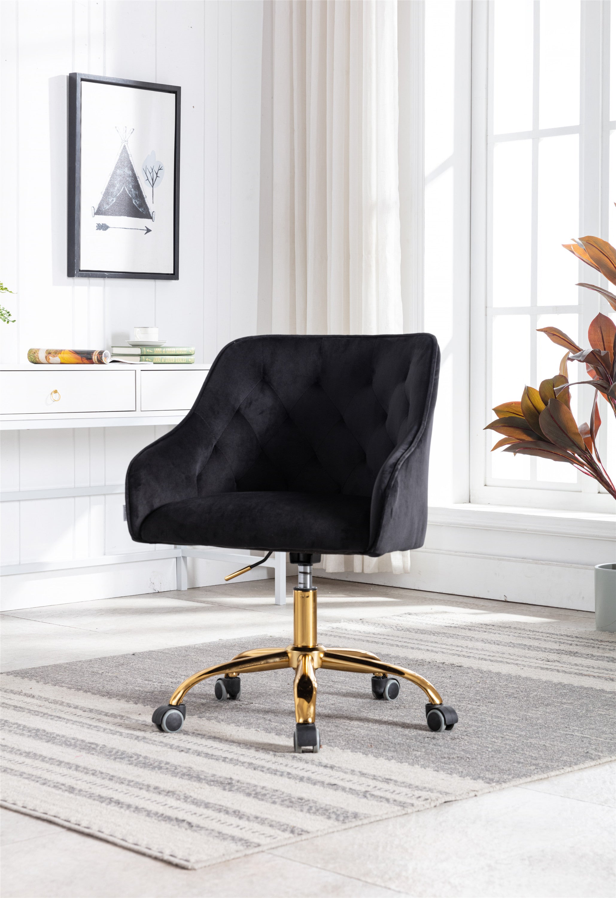 COOLMORE Velvet Home Office Desk Chair, Modern Cute Computer Chair, Wheels Swivel Height Adjustable Swivel Task Chair for Home Office (Black Velvet)