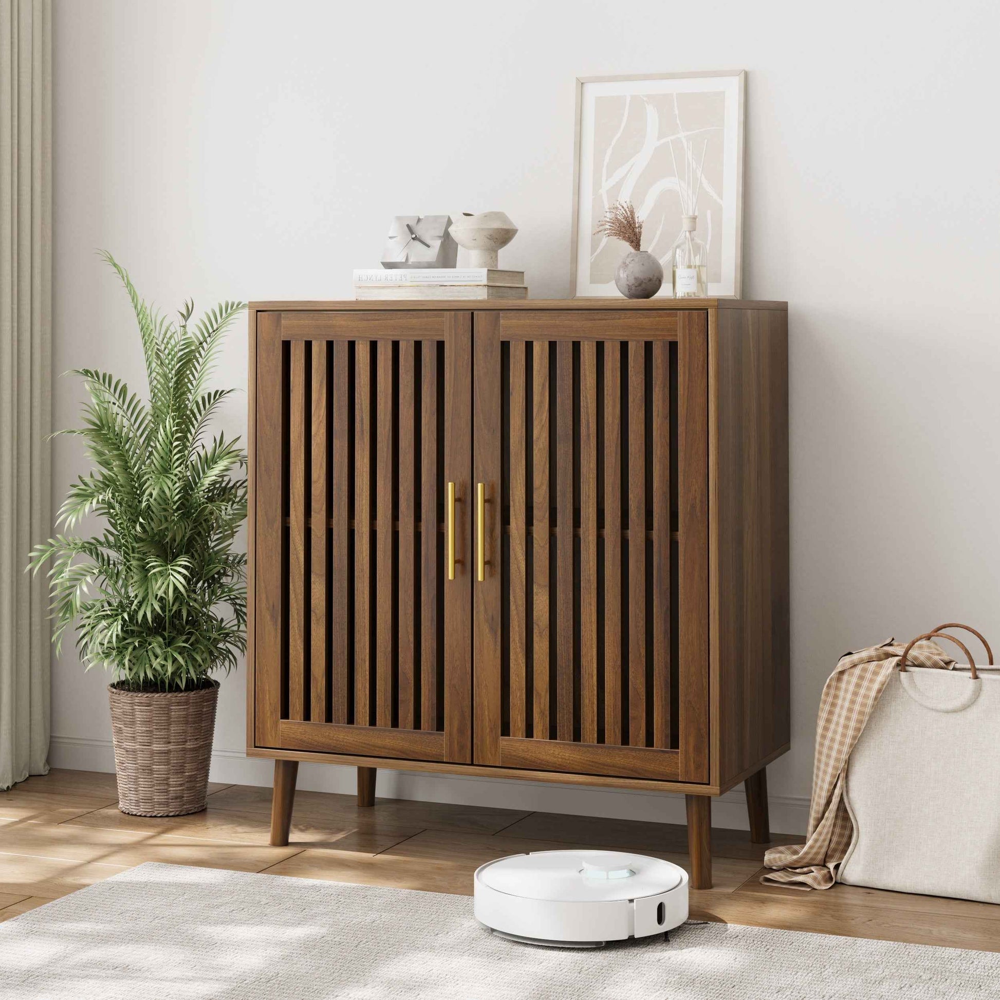 Farmhouse Walnut Sideboard Buffet Cabinet With Louvered Doors, Wood Coffee Bar Storage For Kitchen & Living Room, 31.5' W
