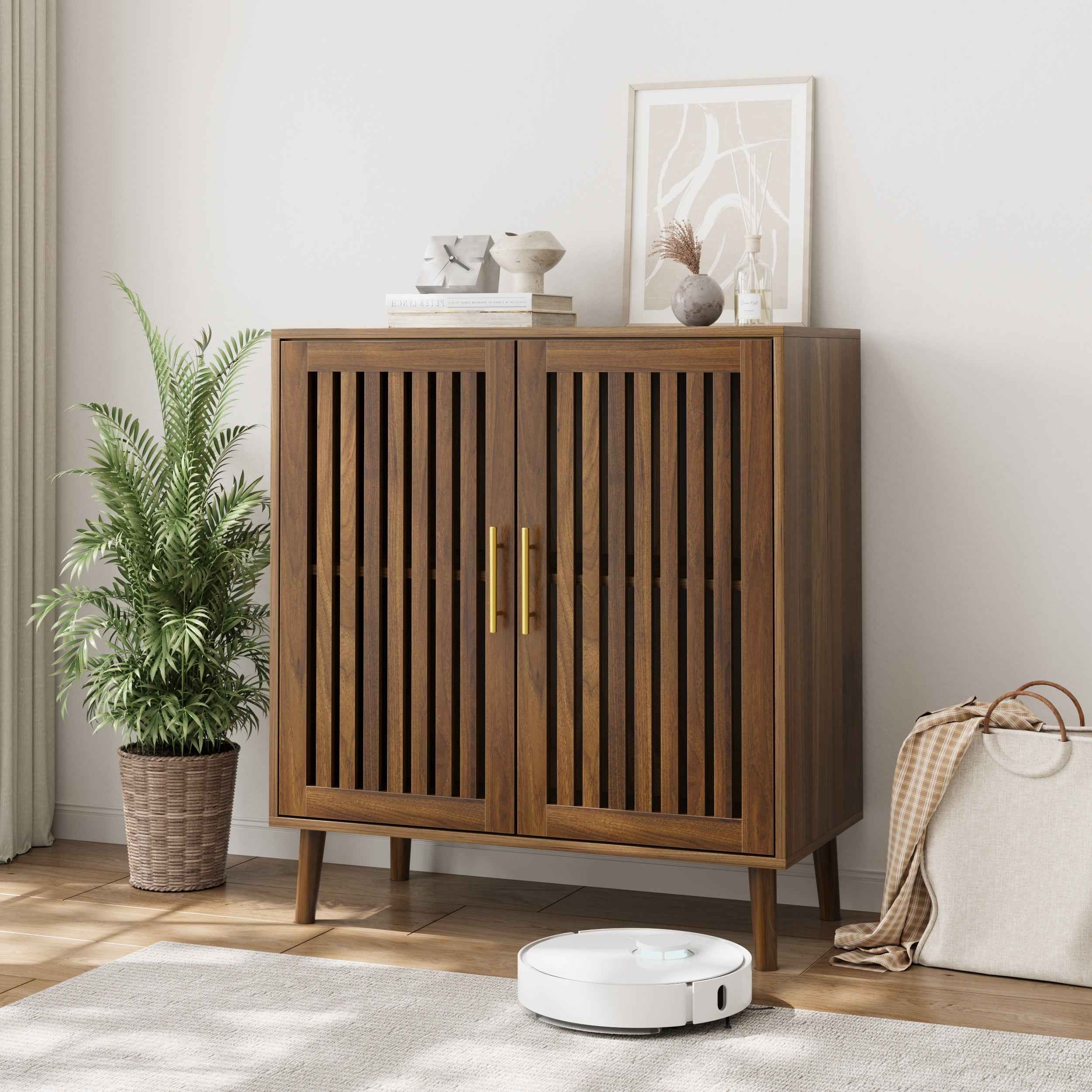 Farmhouse Walnut Sideboard Buffet Cabinet With Louvered Doors, Wood Coffee Bar Storage For Kitchen & Living Room, 31.5' W