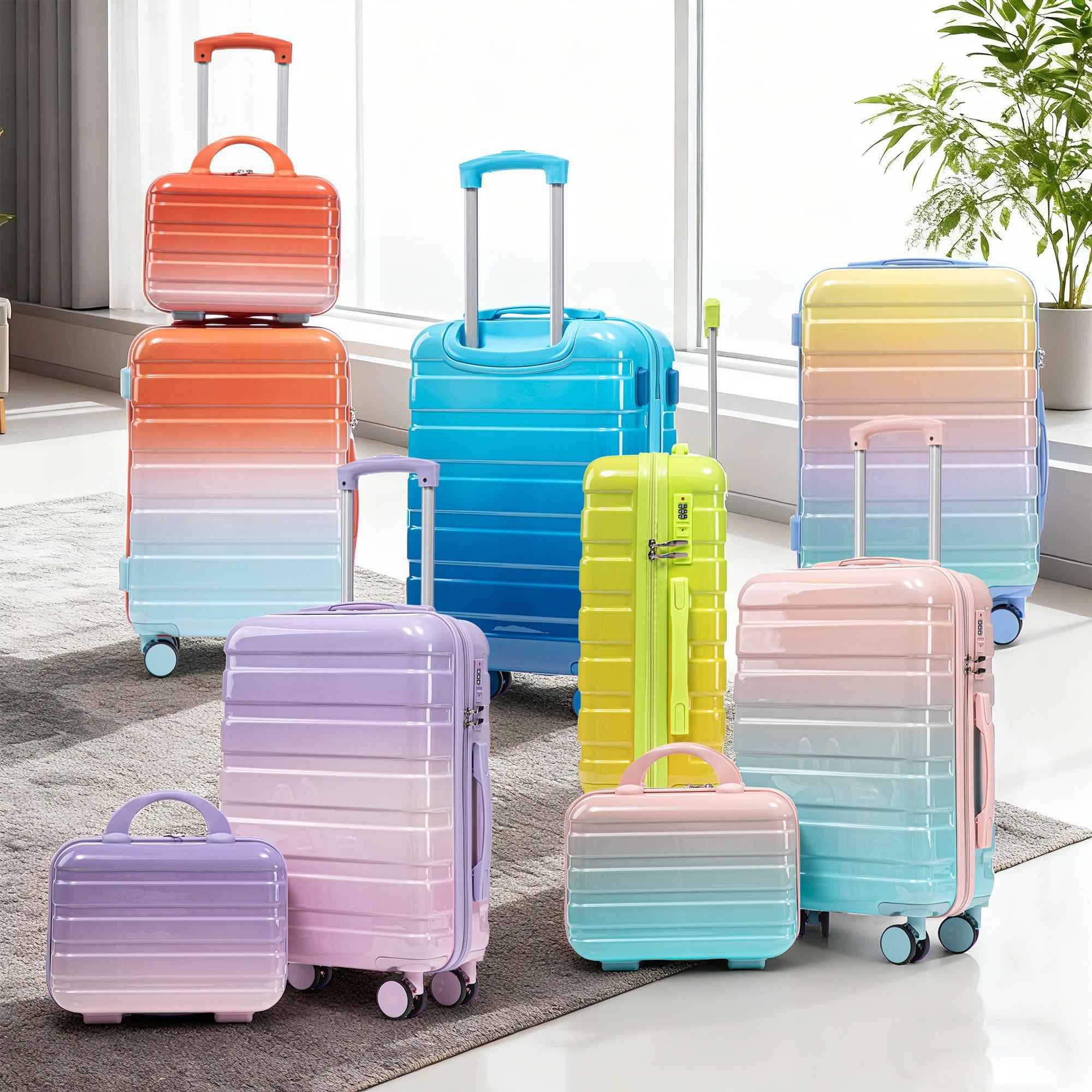 14'/20' 2 pcs/set in PC Spinner Wheel Luggage, Carry on Suitcase, With Gradient Color and Combination Lock(Blue+Pink)