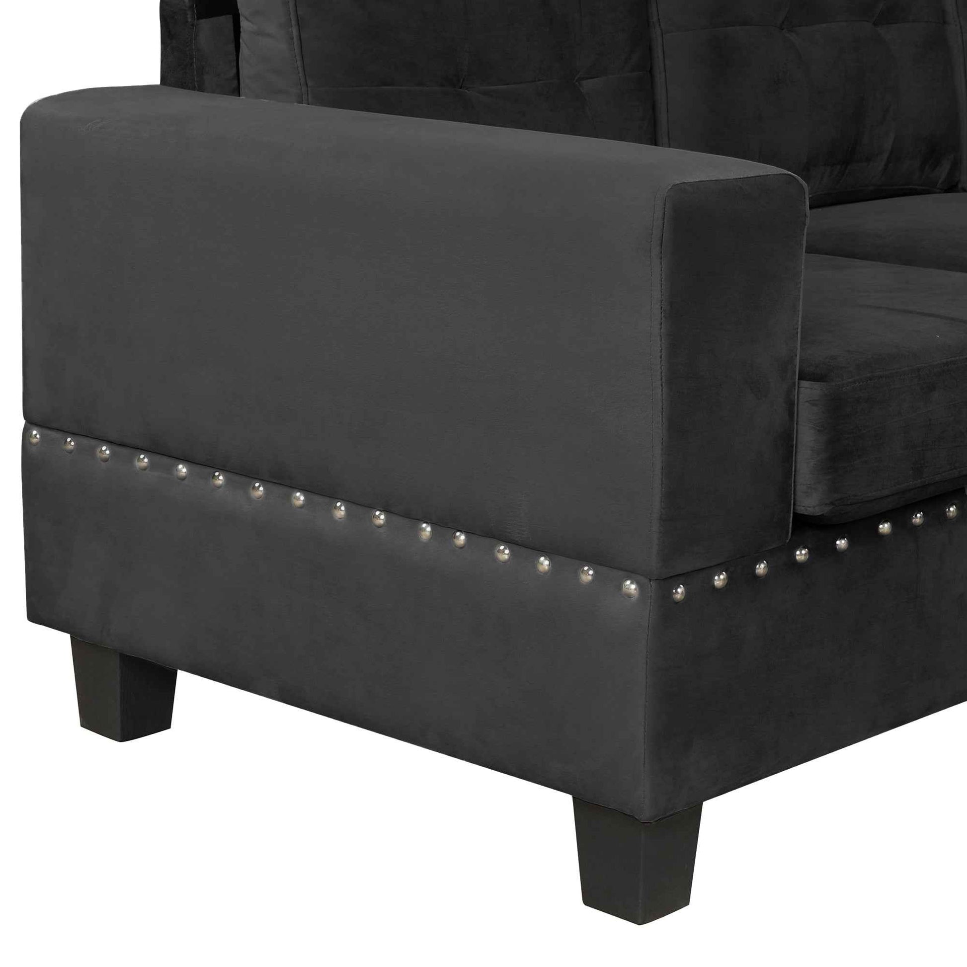 Modern Sectional Sofa with Storage Ottoman, L-Shape Couch with 2 Pillows and Cup Holders, Black Velvet, 105'
