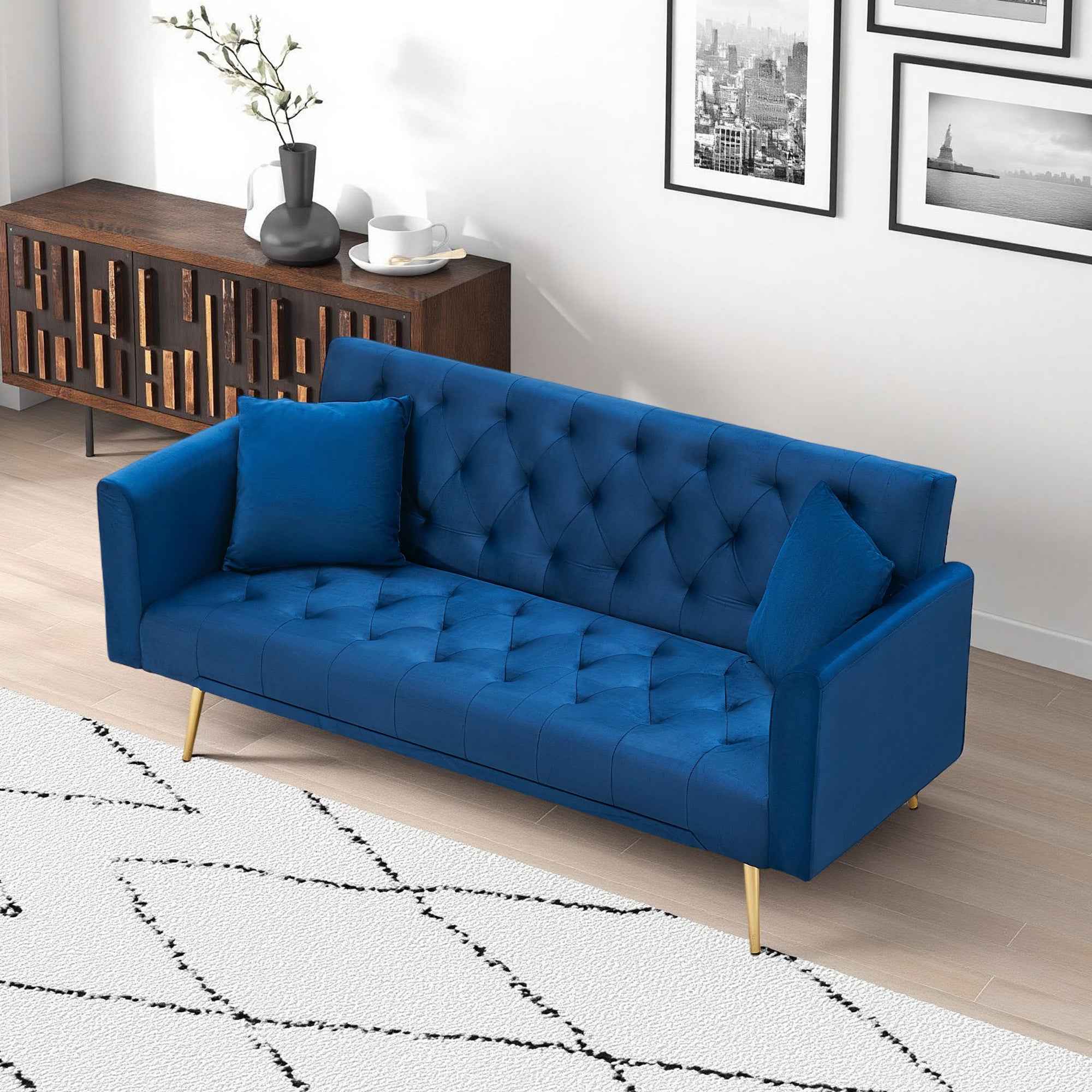 71-inch convertible love seat sofa, American retro blue velvet material, suitable for small living room, bedroom, office