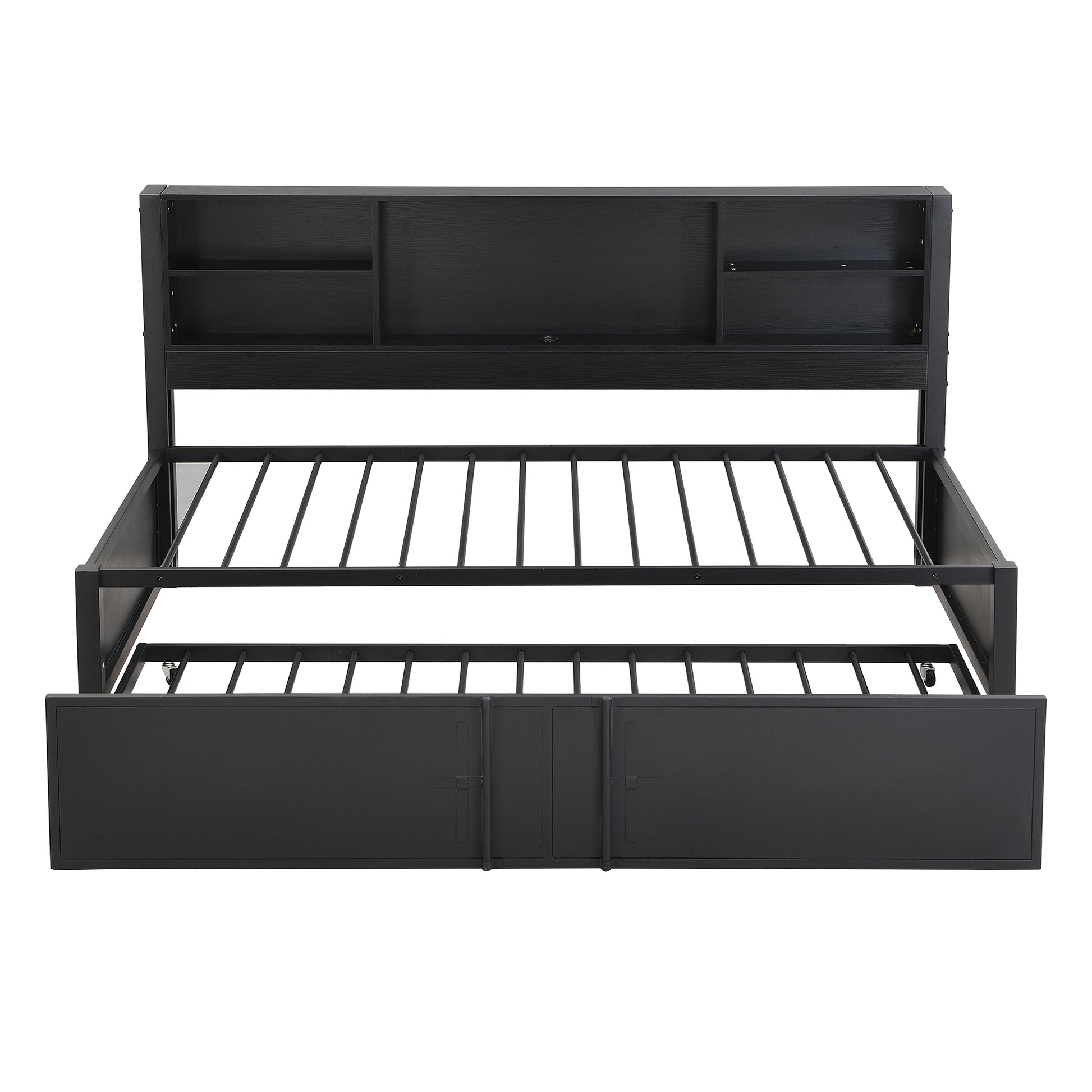 Metal Twin Size Daybed with Twin Size Trundle, Storage Shelves and USB Ports, Black - Abrihome