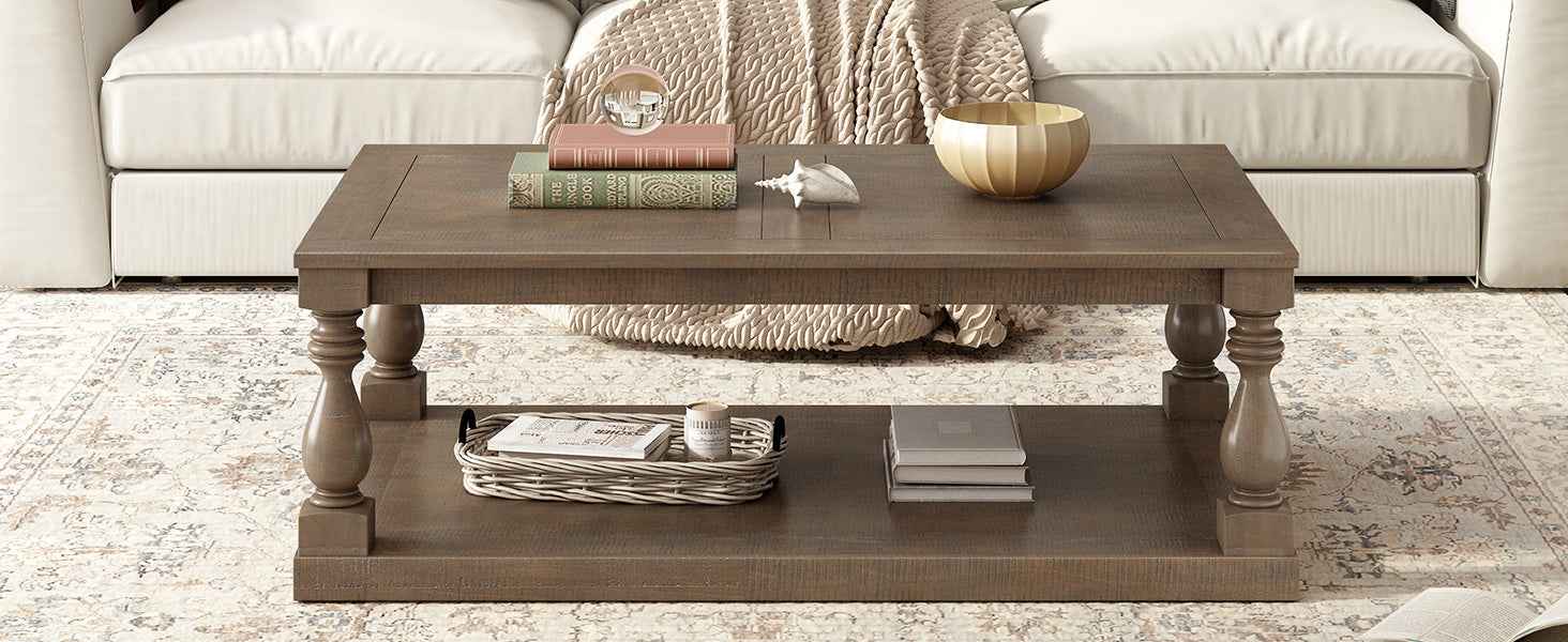 U_STYLE Vintage Coffee Table Featuring Artistic Vase Column Legs and Luxurious Pine Veneer for Timeless Charm,Suitable for living room, study room