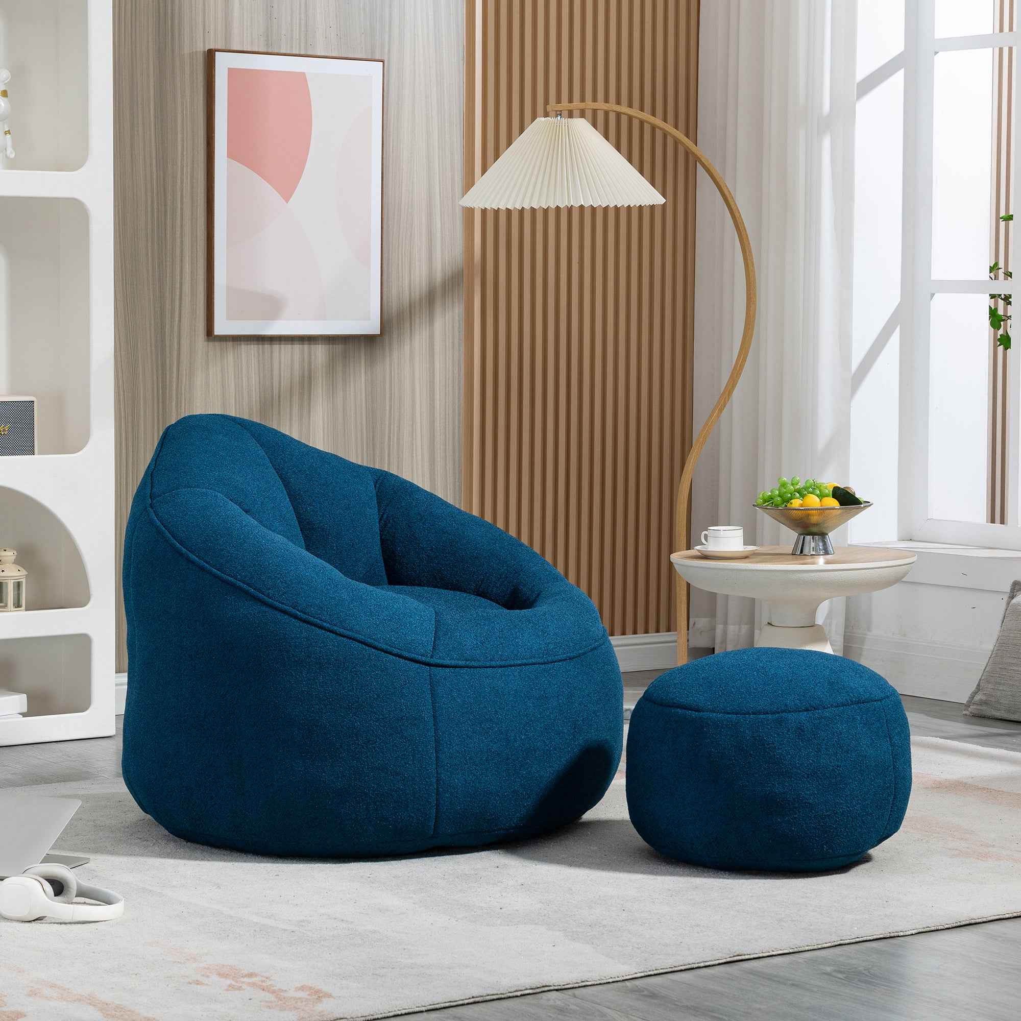 Bedding Bean Bag Sofa Chair with High-Pressure Foam and Footrest, Blue Microfiber