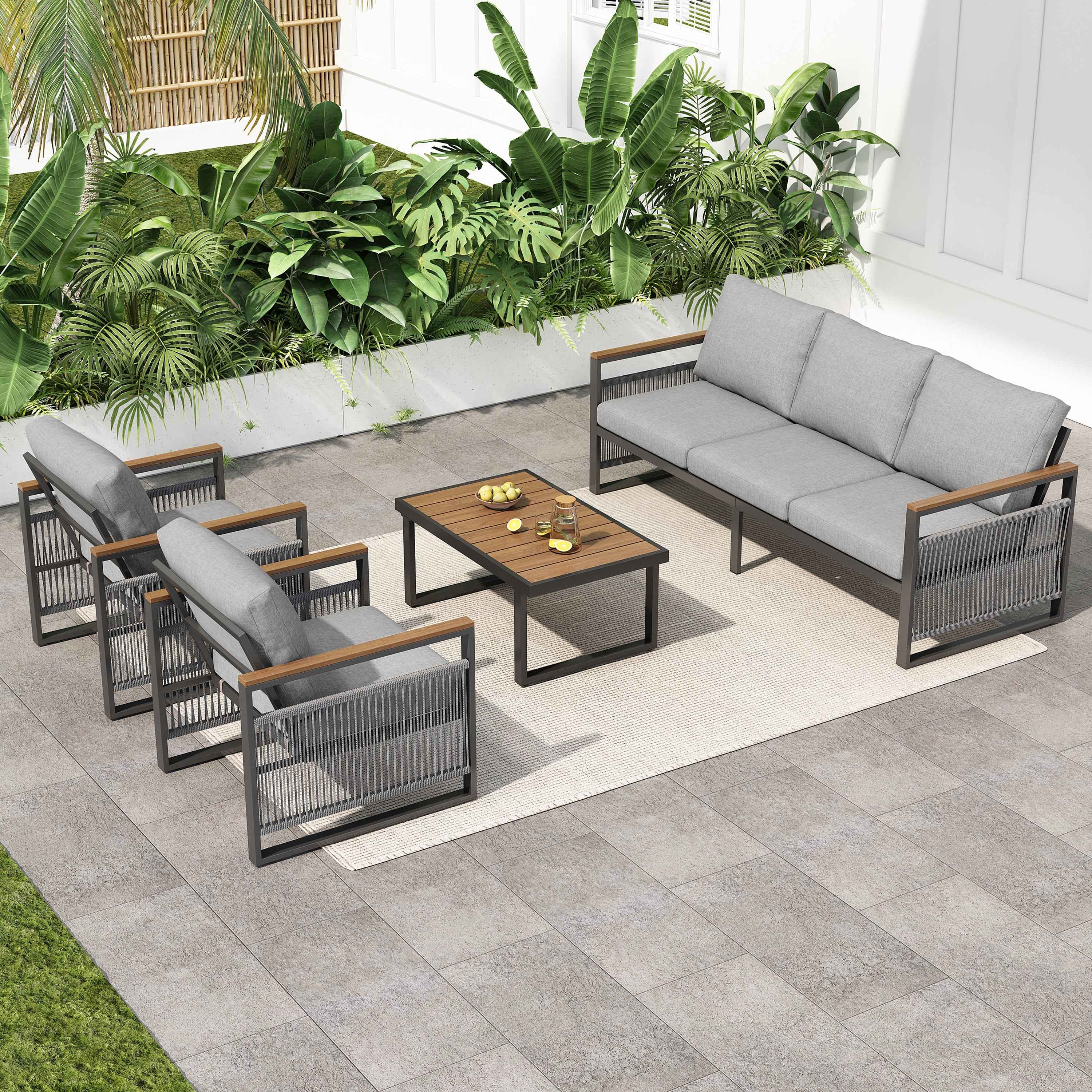 4-Pieces Outdoor Metal Patio Furniture Set, 5-Seat Patio Furniture Sofa Set with Cushion, Modern Outdoor Furniture Deep Seating for Porch, Garden, Backyard, Balcony, Grey & Natural