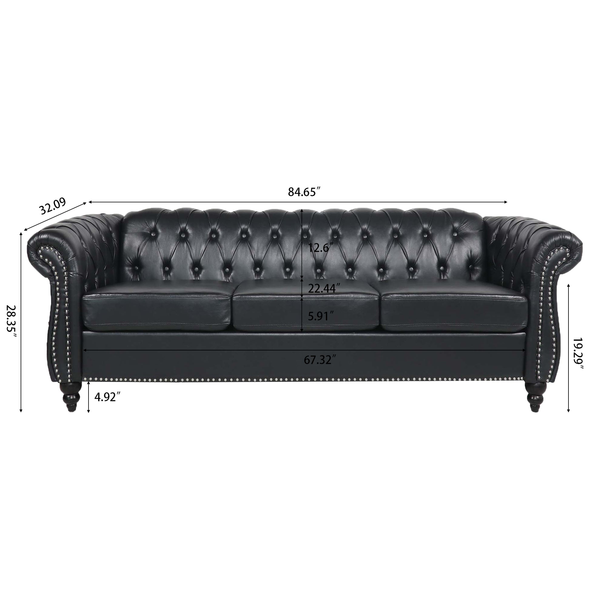 84.65" BLACK PU Rolled Arm Chesterfield Three Seater Sofa. - Abrihome
