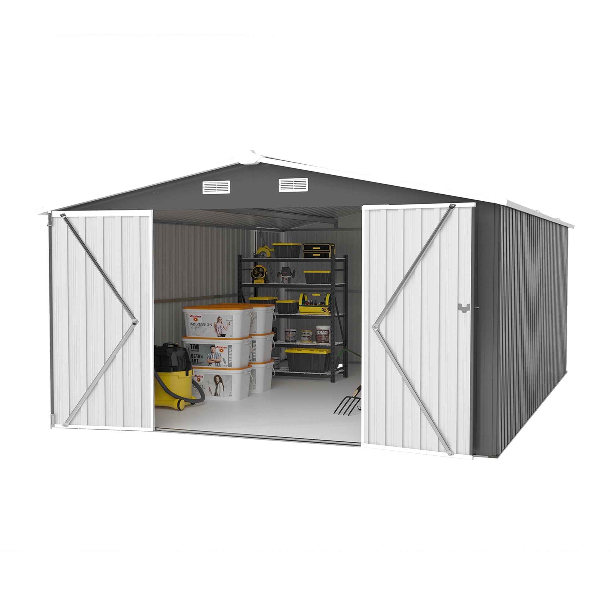 Campcraft  Outdoor Storage Shed 10×14 FT with 3 Lockable Doors,4 Air Vents & Sloped Roof,Utility Tool Shed Metal Storage Garden Sheds  Frame and 4 Vents,for Backyard,Patio,Lawn,dark Grey