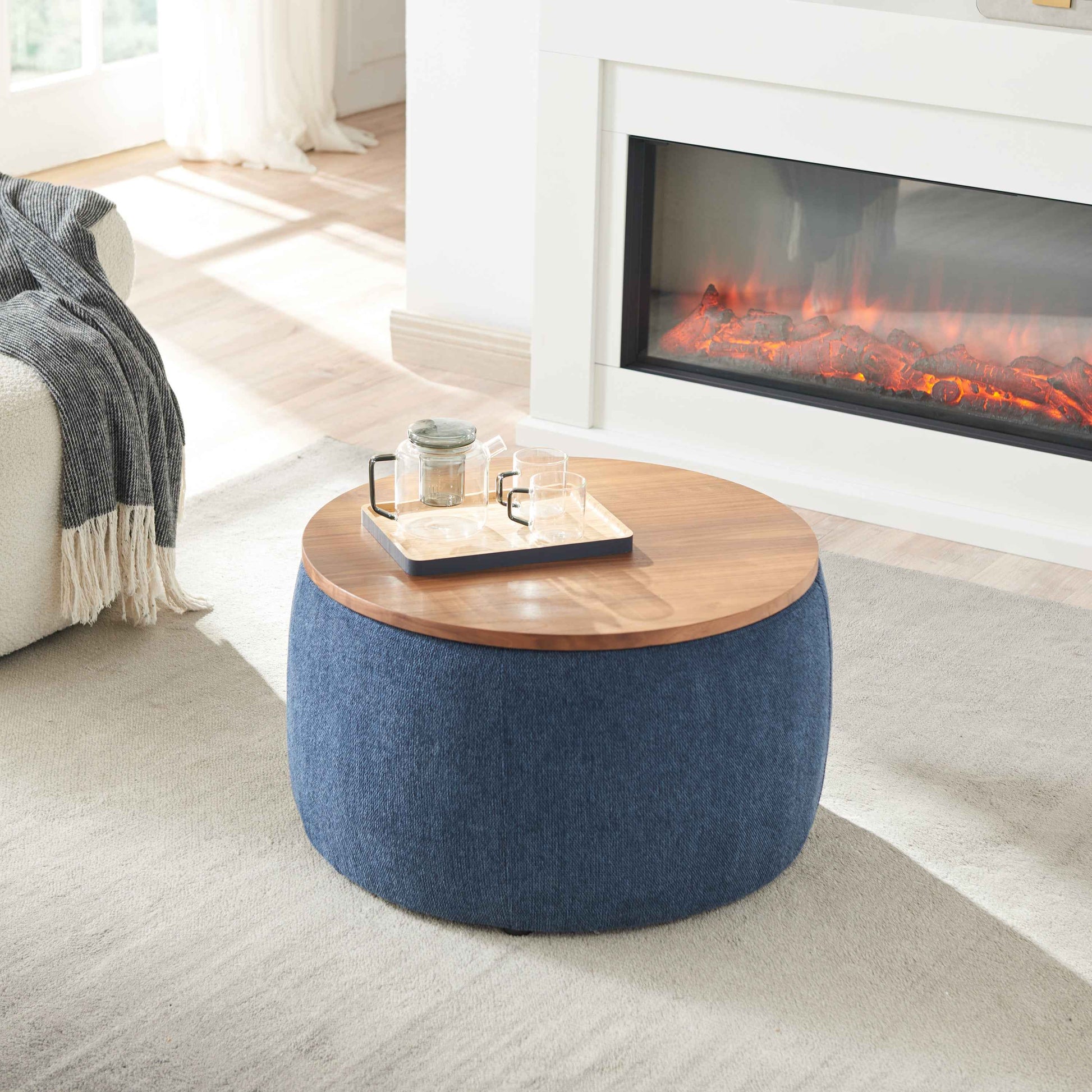 Round Storage Ottoman, 2 in 1 Function, Work as End table and Ottoman, Navy (25.5'x25.5'x14.5')