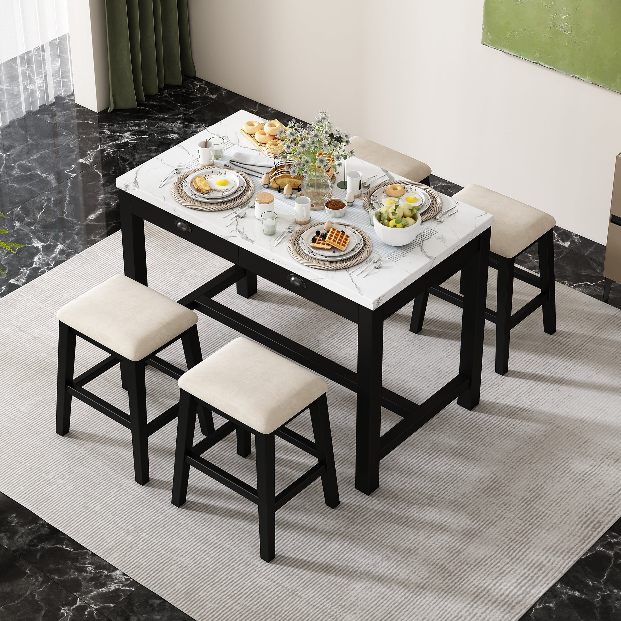 TREXM 3-Piece Modern Faux Marble Versatile Bar Table Set with Storage Drawers and Padded Stools, Ideal for Space-Saving Dining Nooks or Small Kitchens (Black)