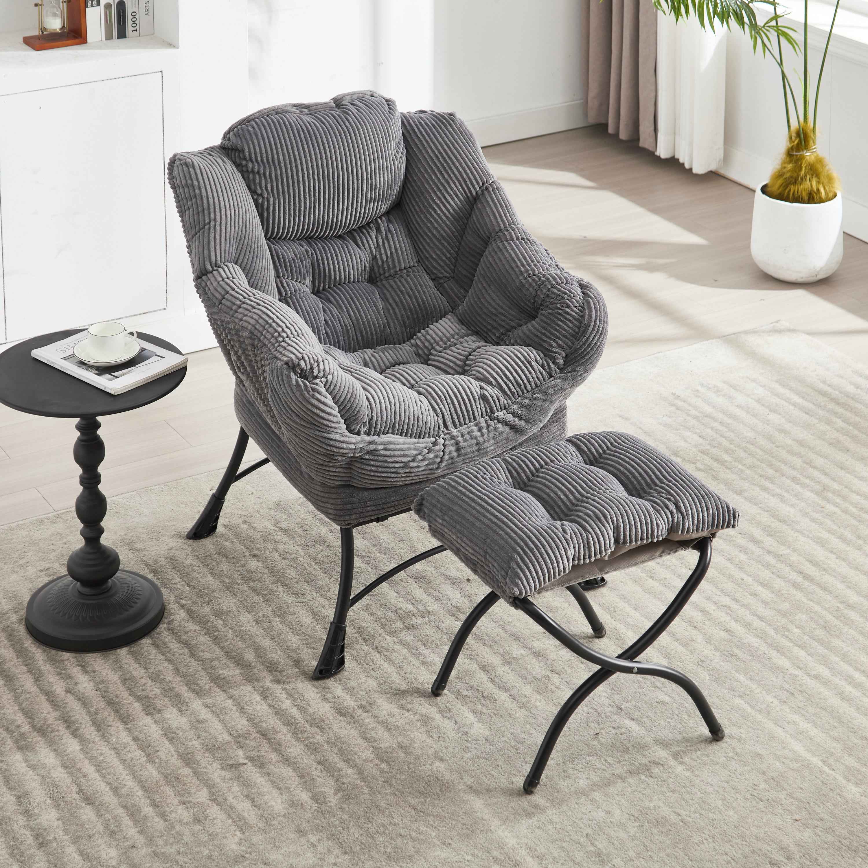 Lazy Chair with Ottoman, Modern Lounge Accent Chair with Armrests and a Side Pocket, Leisure Upholstered Sofa Chair Reading Chair with Footrest for Small Space, Corner Chair-Grey