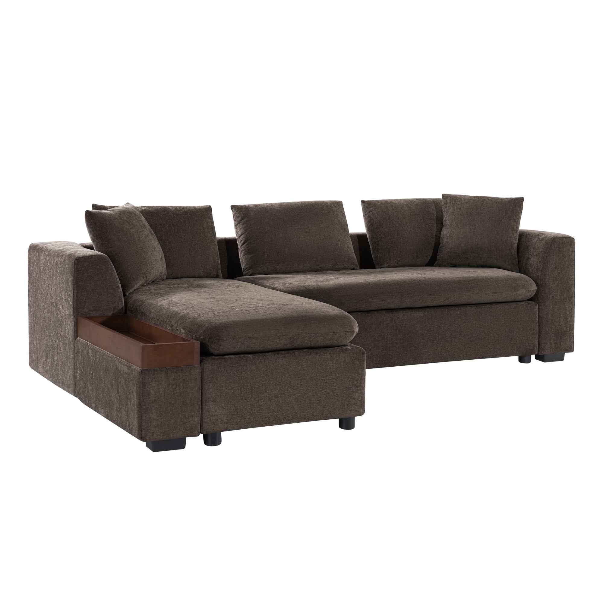 Elegant L-Shaped Sectional Sofa with Chenille Upholstery and Wooden Storage Compartment, Brown