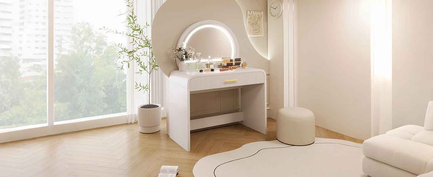 39' Makeup Vanity Table with Mirror Touch Screen Lighted Mirror, Dressing Table with Drawer for Bedroom, White