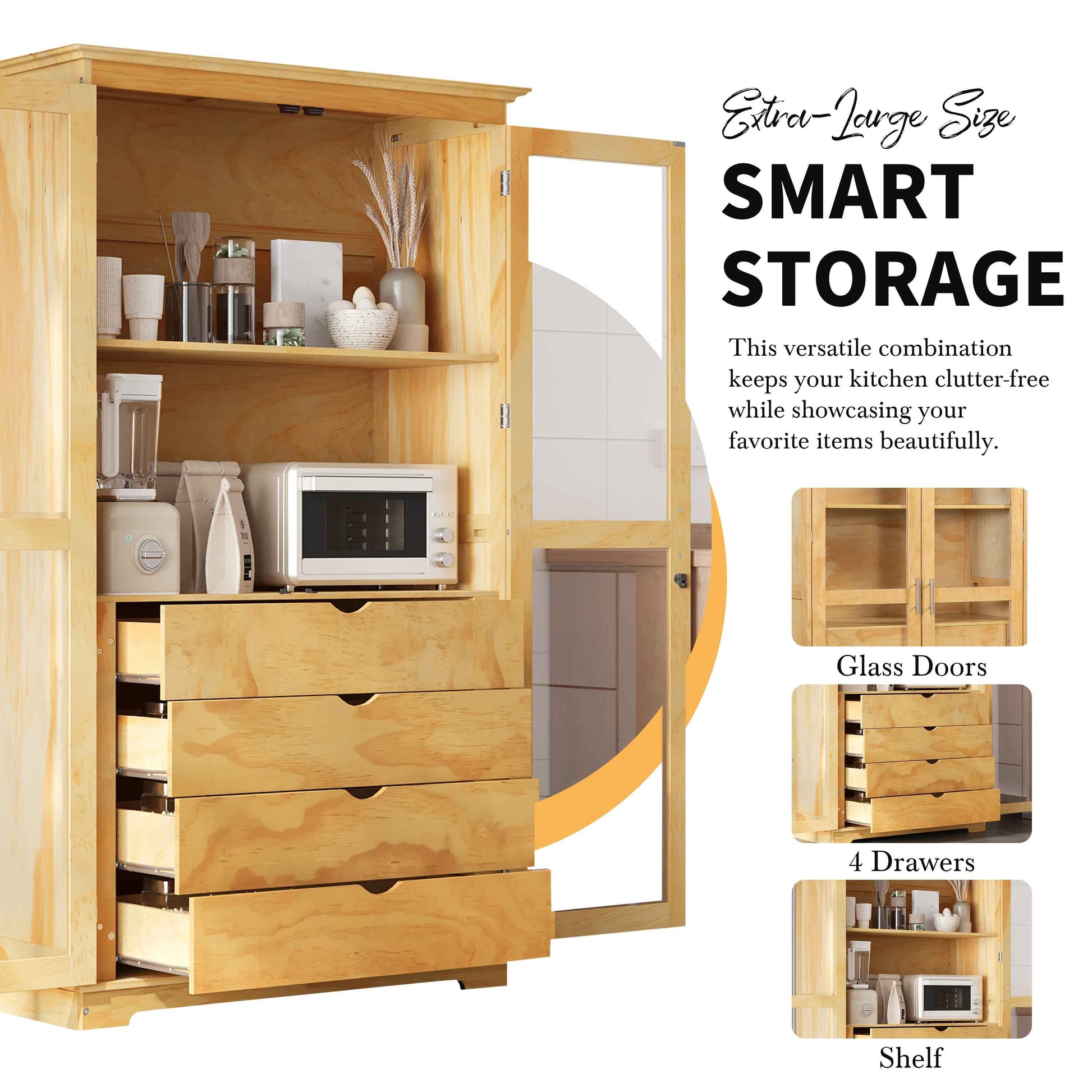 TOPMAX 44.7x20x75inch Kitchen Pantry, Freestanding Kitchen Storage Cabinet Display Cabinet with Glass Doors and 4 Built-in Drawers for Living Room, Home Office, Natural