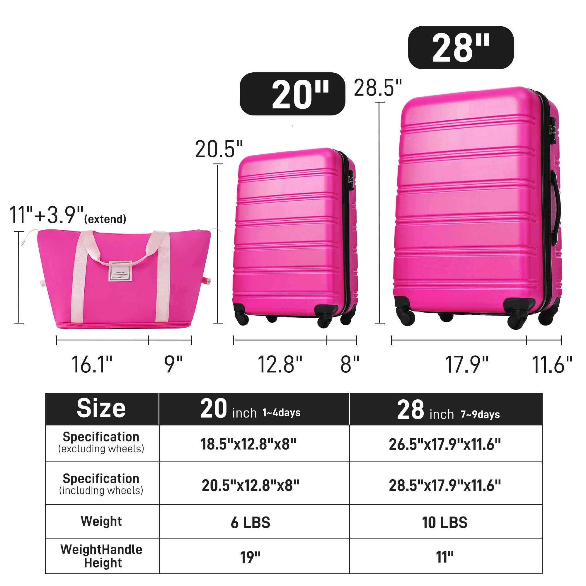 Hardshell Luggage Sets 2Pcs + Bag Spinner Suitcase with TSA Lock Lightweight 20' + 28'