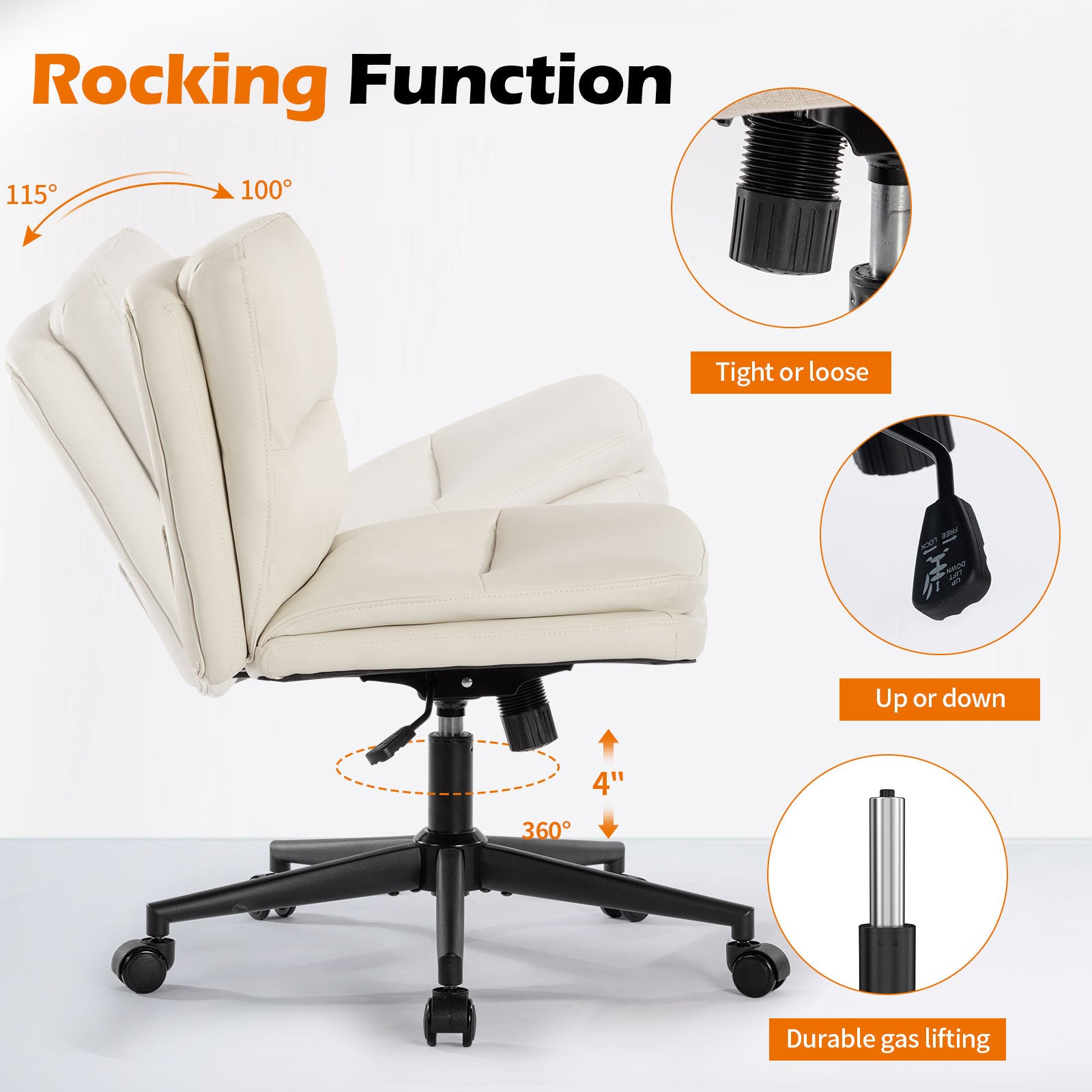 Office Chair Armless Desk Chair with Wheels, PU Padded Wide Seat Home Office Chairs, 120° Rocking Mid Back Cute Computer Chair for Bedroom, Vanity, Makeup