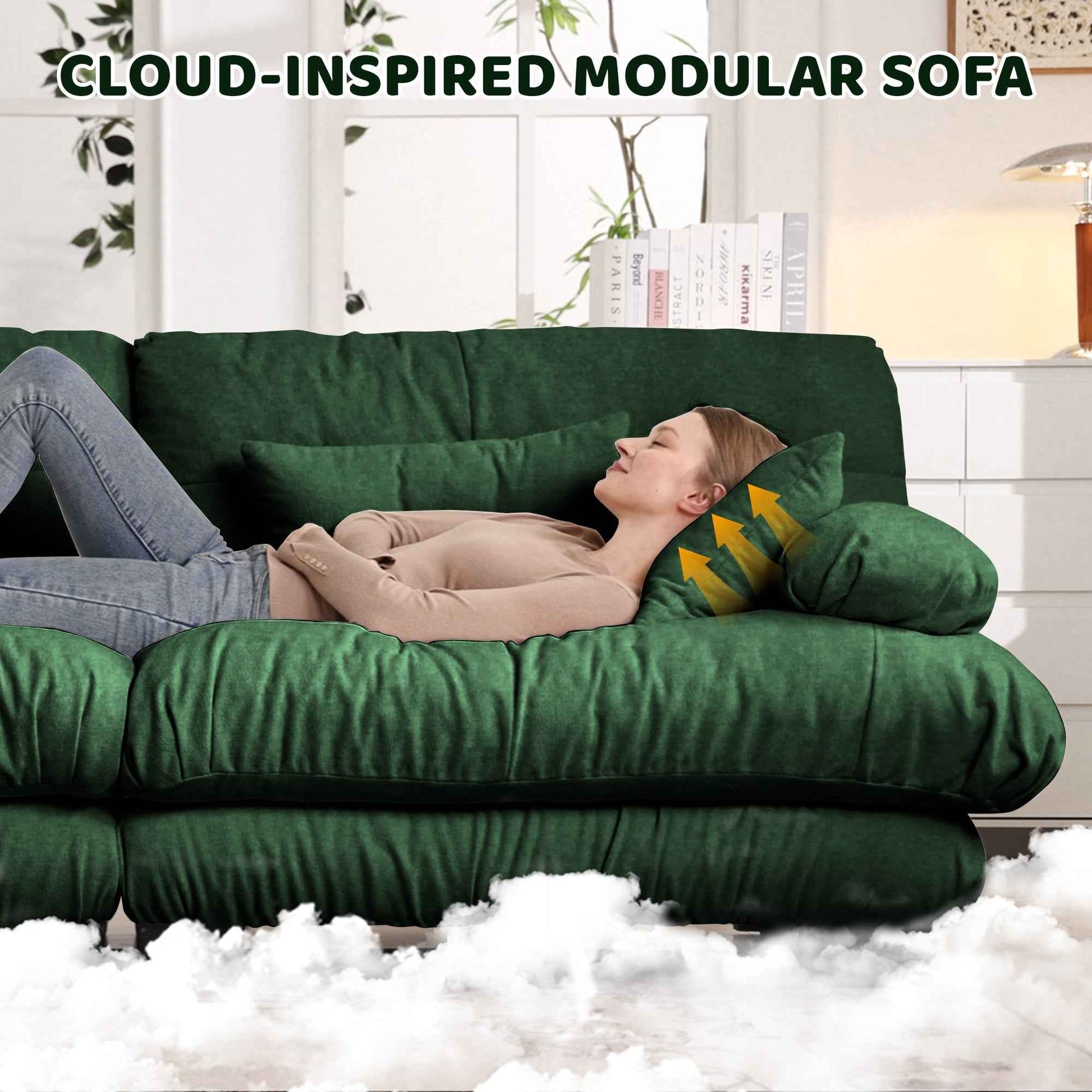 Cloud Couch 2 Seater Sofa for Living Room, Chenille 2 - Seat sofa with 2 Lumbar pillows and 2 throw pillows,Chenille Green