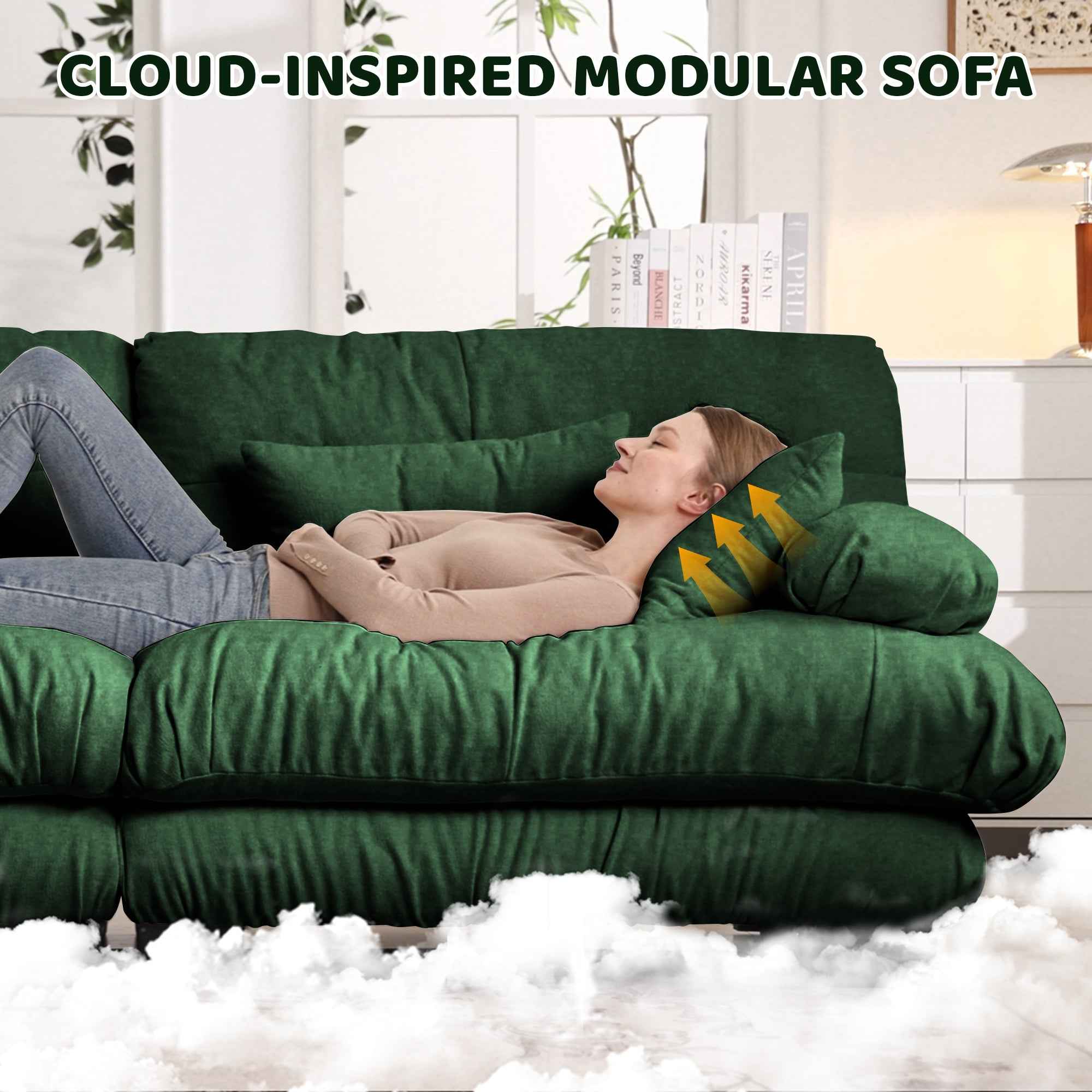 Cloud Couch 2 Seater Sofa for Living Room, Chenille 2 - Seat sofa with 2 Lumbar pillows and 2 throw pillows,Chenille Green