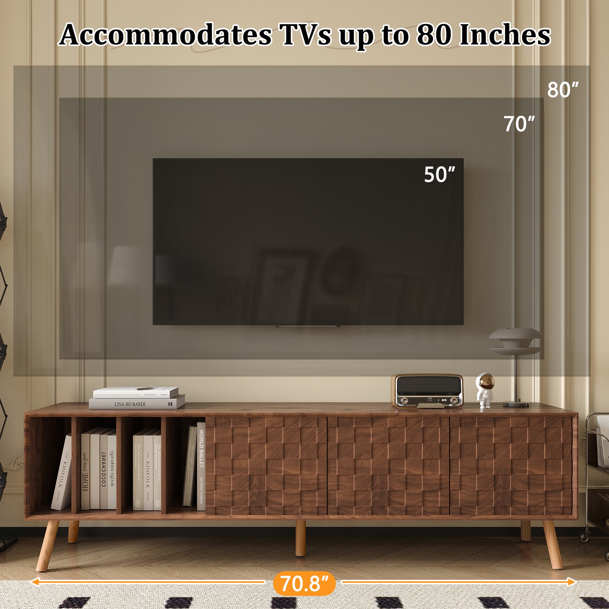 70' Mid-Century Modern TV Stand, Media Console Table for TVs up to 80'', Entertainment Center with 5 Solid Wood Legs for Living Room, Bedroom - Abrihome