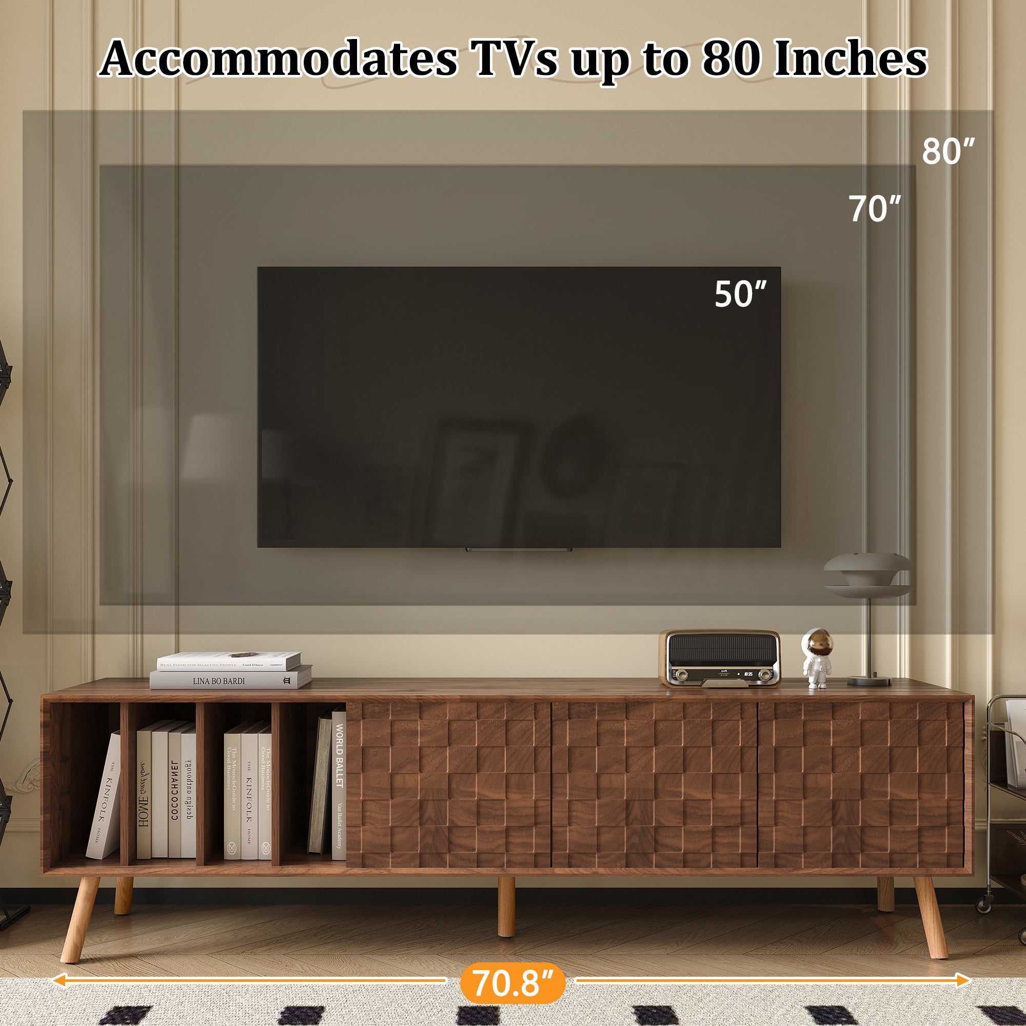70' Mid-Century Modern TV Stand, Media Console Table for TVs up to 80'', Entertainment Center with 5 Solid Wood Legs for Living Room, Bedroom - Abrihome