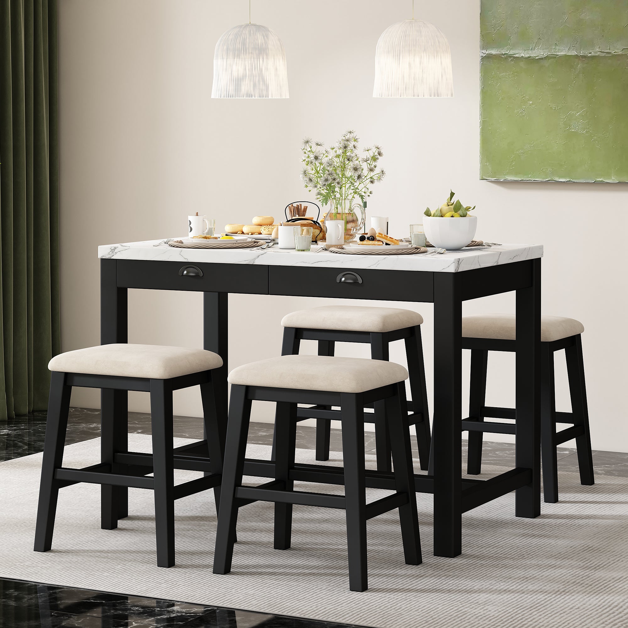 TREXM 5-Piece Modern Faux Marble Versatile Bar Table Set with Storage Drawers and Padded Stools, Ideal for Space-Saving Dining Nooks or Small Kitchens (Black)