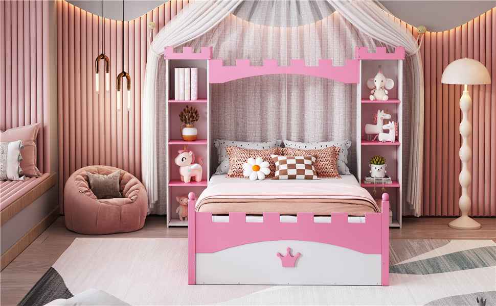 Castle-Shaped Wooden Bed with Storage Shelf, Dreamy Twin Size Platform Bed for Kids Bedroom, White + Pink(Expected Arrival Time:8.14)