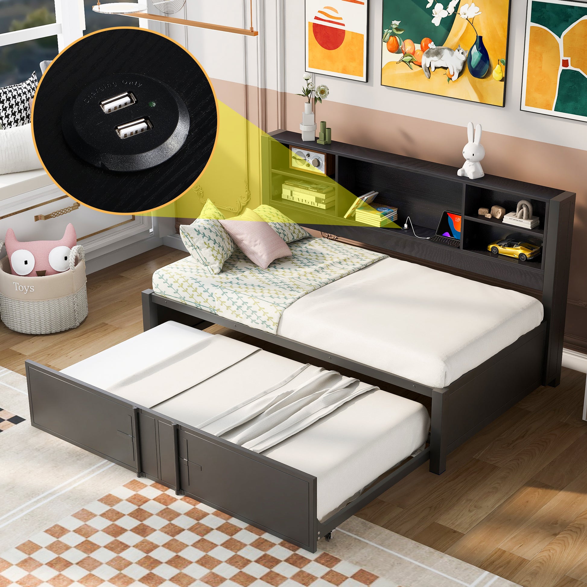 Metal Twin Size Daybed with Twin Size Trundle, Storage Shelves and USB Ports, Black - Abrihome