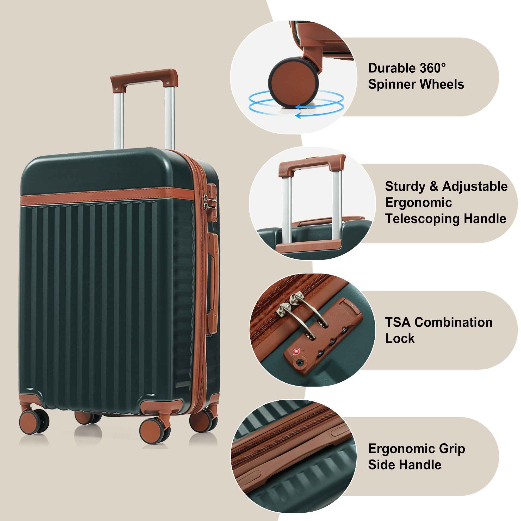 Luggage Set of 3, 20inch with USB Port, front opening design Airline Certified Carry on Luggage, ABS Hard Shell Luggage with Spinner Wheels,Dark Green