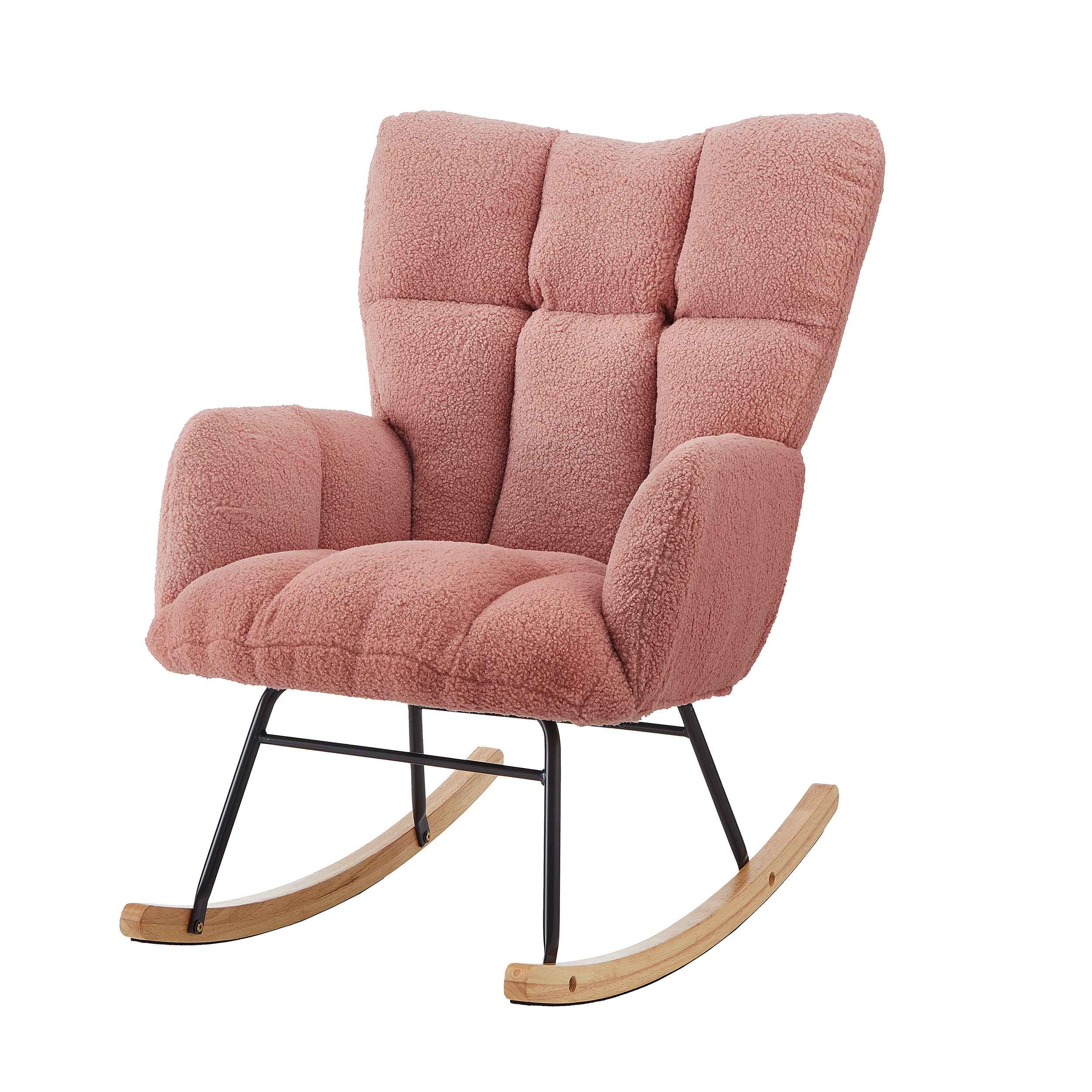 Glider Chair for Living Room Tufted Upholstered Teddy Fabric Rocking Chair with Metal Frame Accent Chair Pink