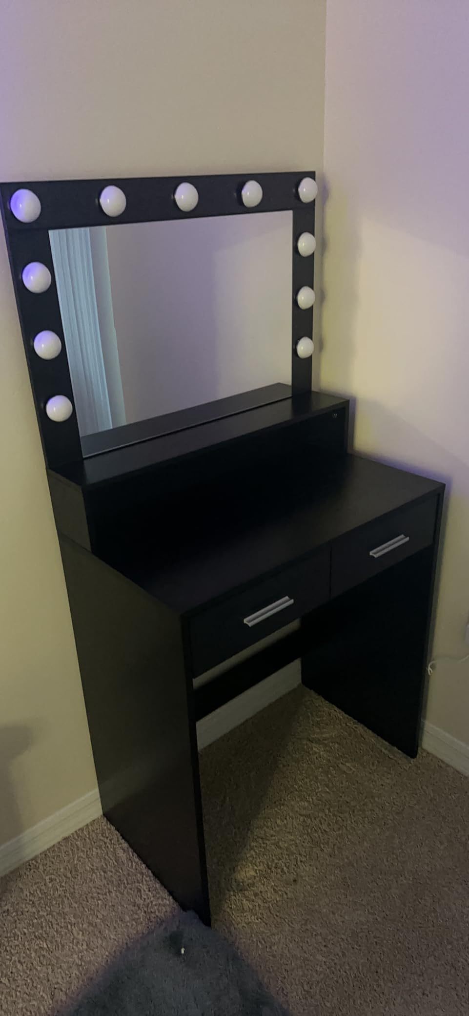 Vanity Desk with Mirror and Lights, Dressing Table with Large Drawer, 2 Level Storage Dresser & 3 Lighting Modes Adjustable Brightness, Suitable for Bedroom(Black)