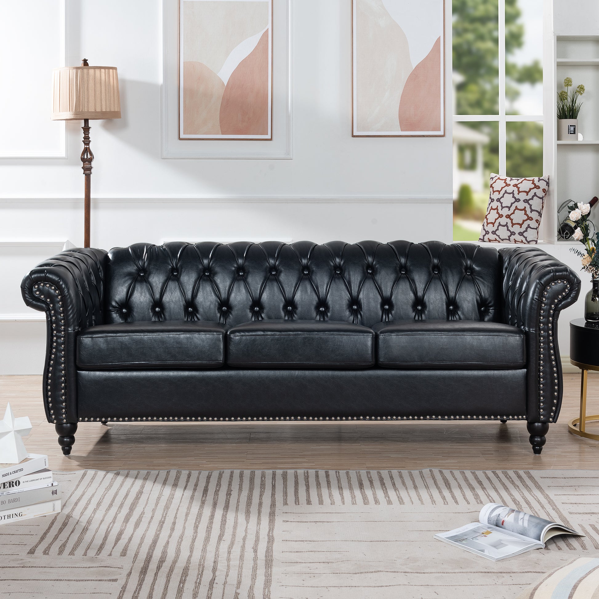 84.65" BLACK PU Rolled Arm Chesterfield Three Seater Sofa. - Abrihome