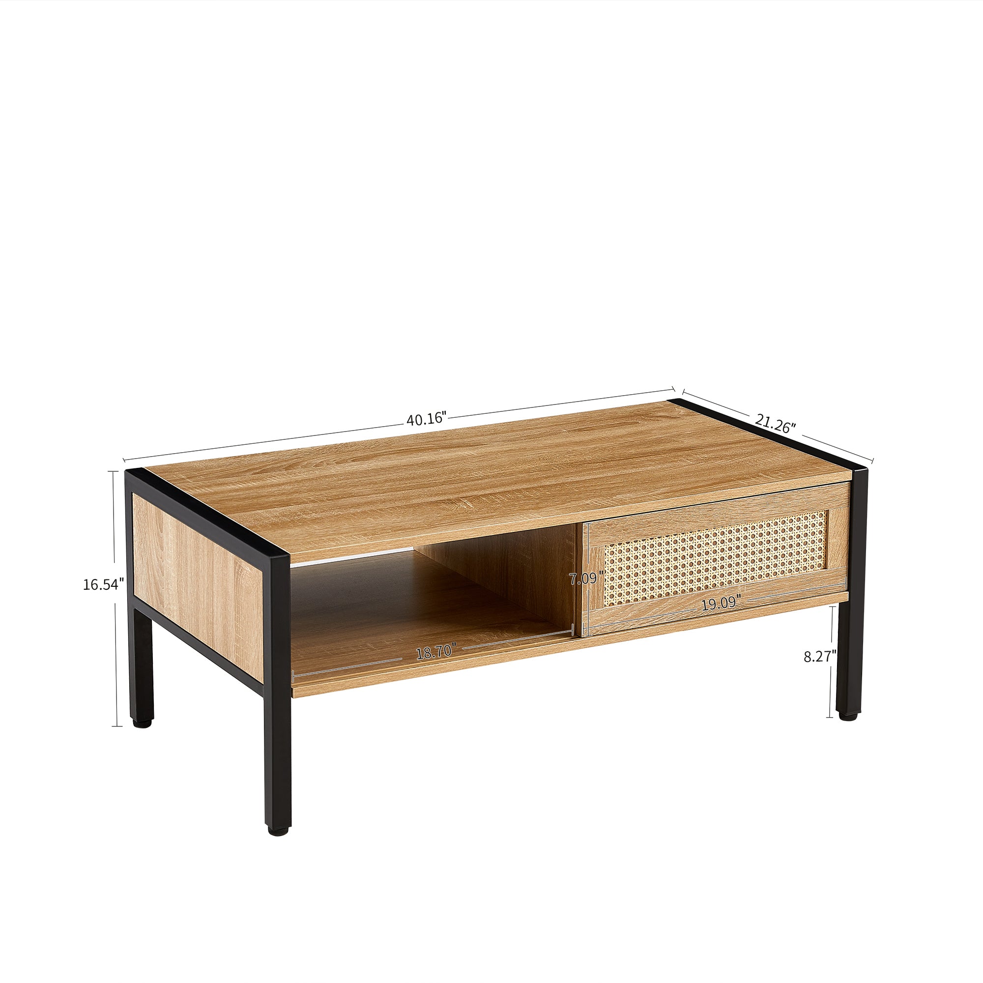 40.16" Rattan Coffee table, sliding door for storage, metal legs, Modern table  for living room , natural