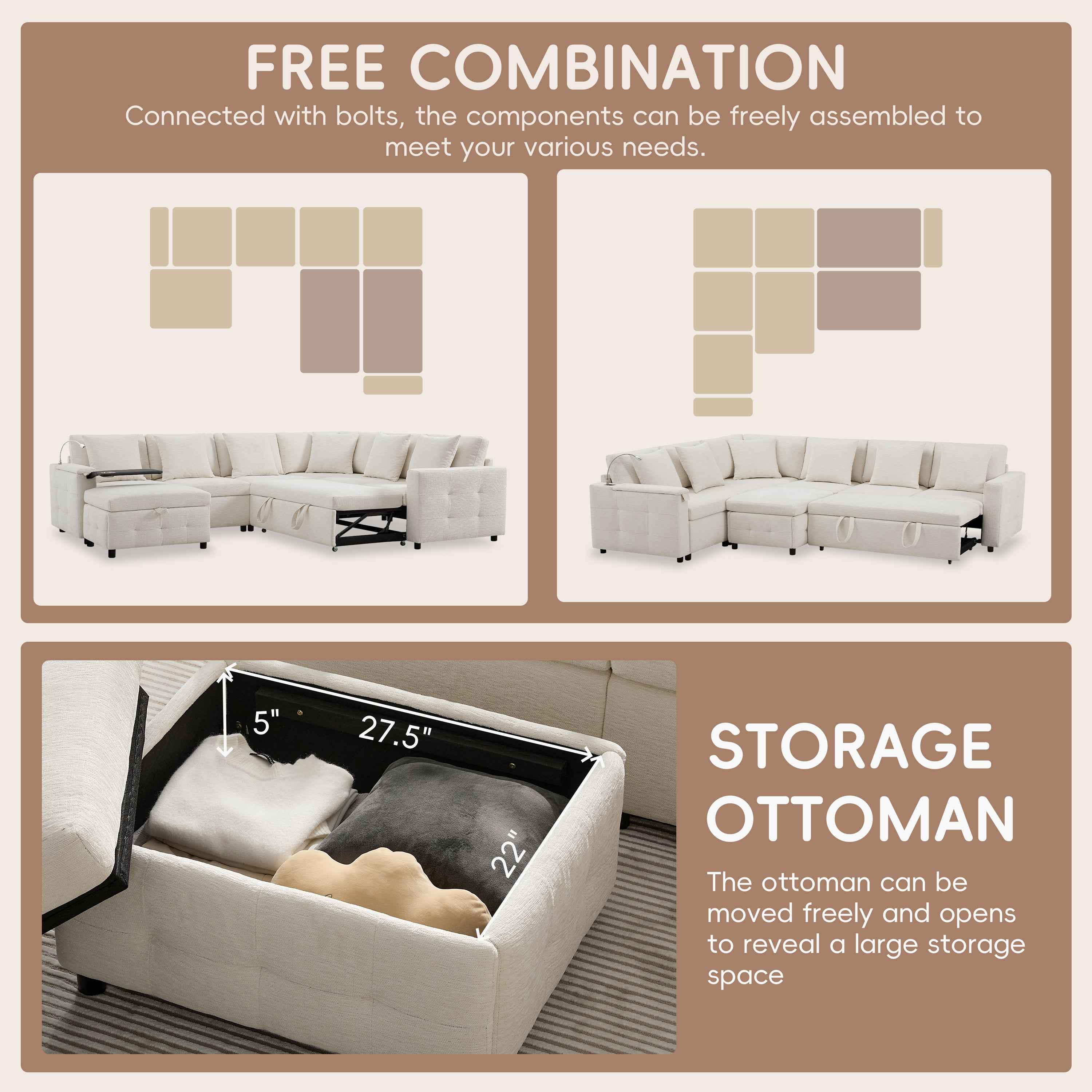 117*90'' Modular Sectional Pull-out Sofa Bed with Flip-up Table Panel, Reading Lamp, Charging Ports, Storage Ottoman, Tufted Design, 6 Pillows, Oversize & Free Combination, Chenille, 2 colors
