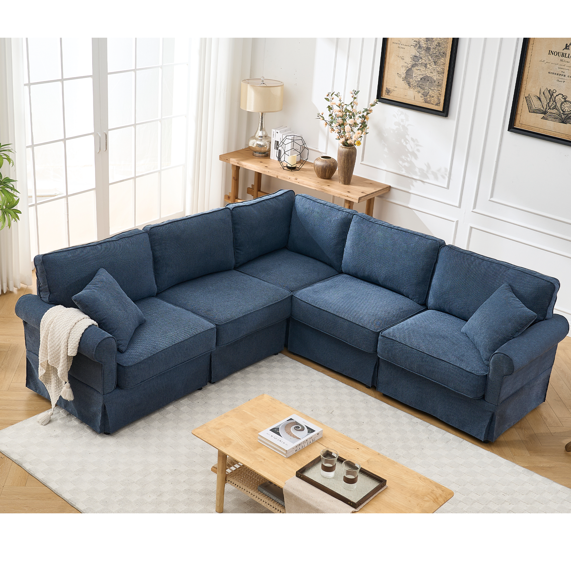 [NEW ARRIVED] [VIDEO PROVIDED]   Modular Sectional Sofa Set,Convertible L Shaped Couch ,5 Seat,Reversible Sectional Sofa Couch,Upholstered,Corner Sofa,Rolled Arms,Soft Linen Fabric, Dark blue