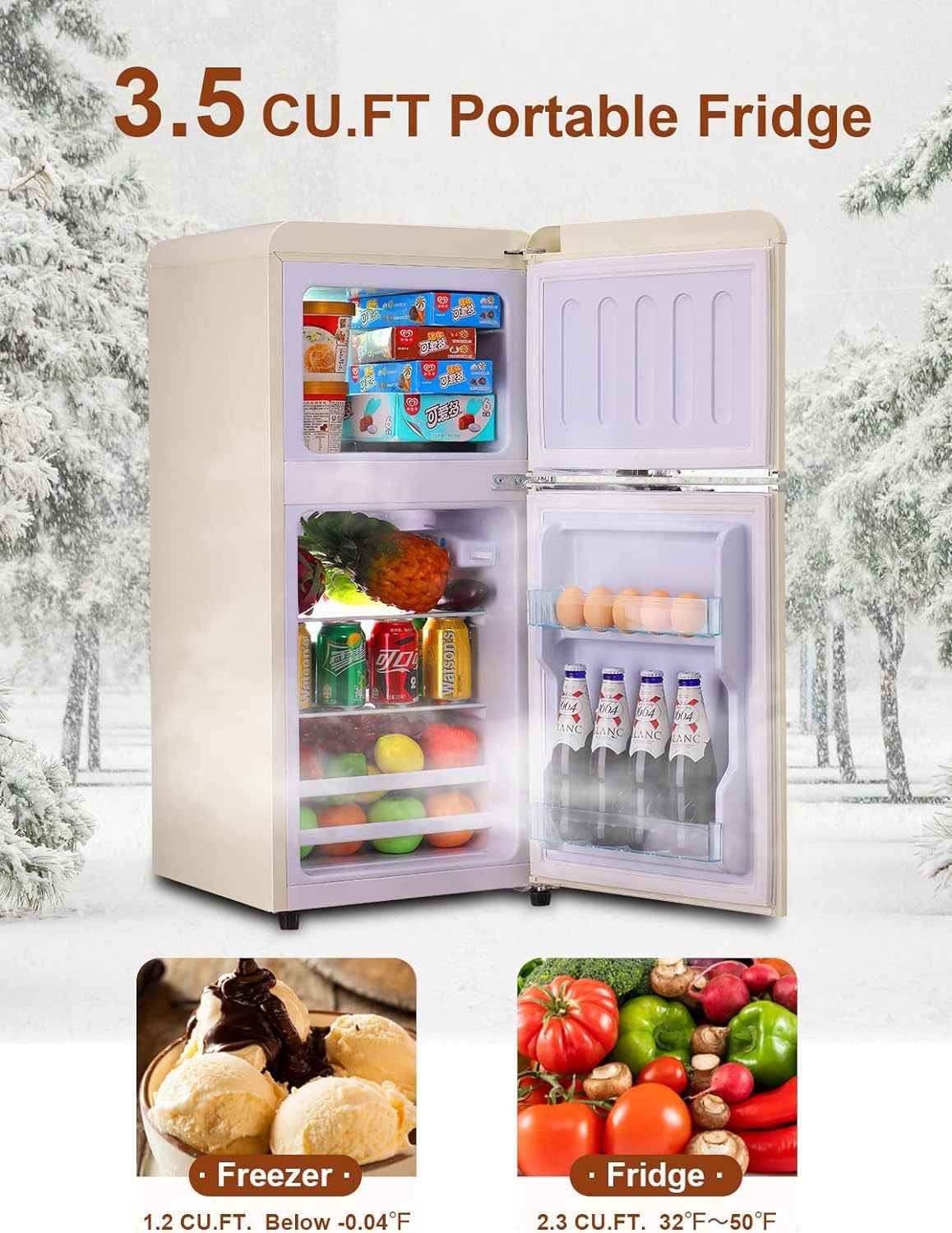 3.5Cu.Ft Compact Refrigerator Mini Fridge with Freezer, Small Refrigerator with 2 Door, 7 Level Thermostat Removable Shelves for Kitchen, Dorm, Apartment, Bar, Office, Cream