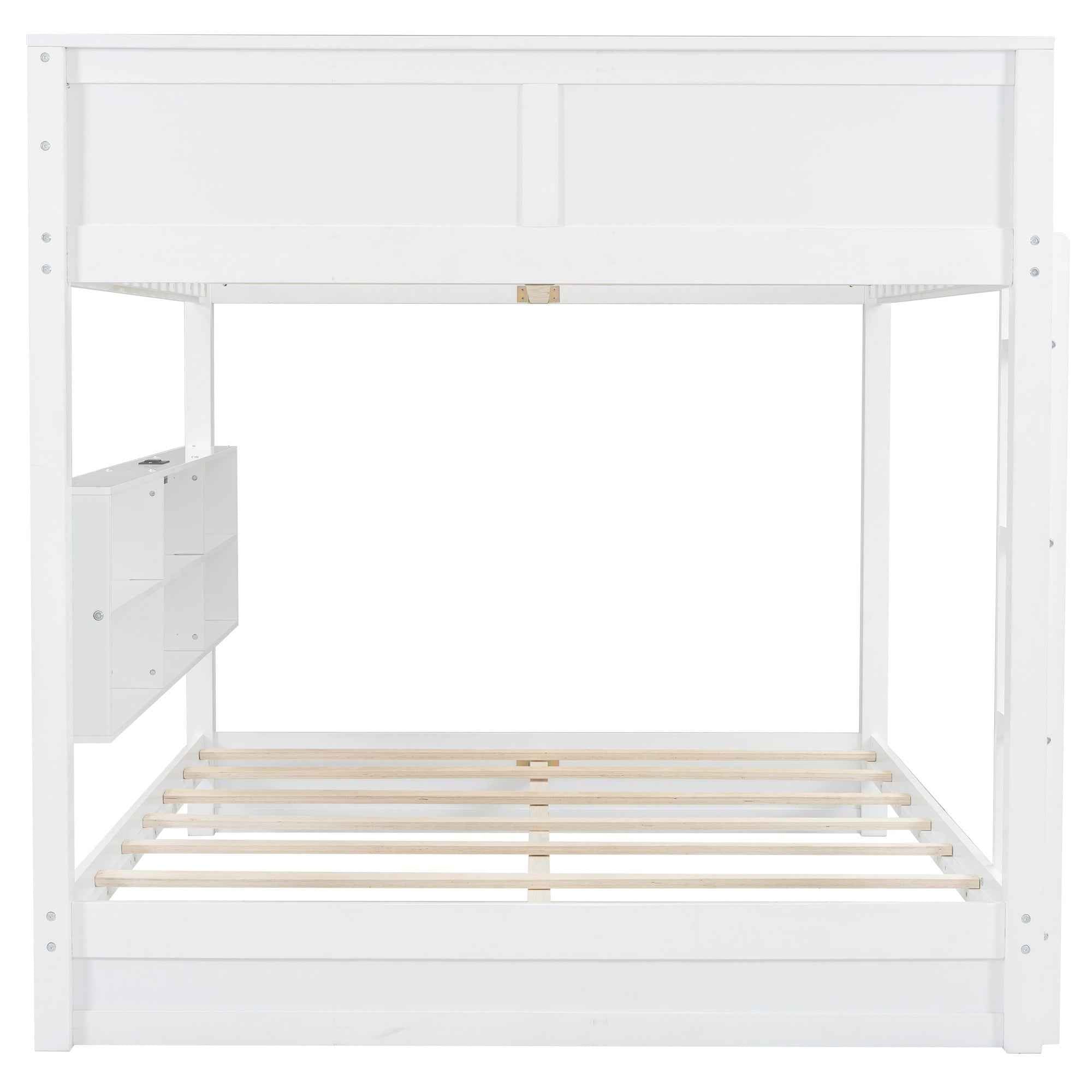 White Queen over Queen Bunk Bed with Storage Cabinets and USB Ports, Pine Wood+MDF