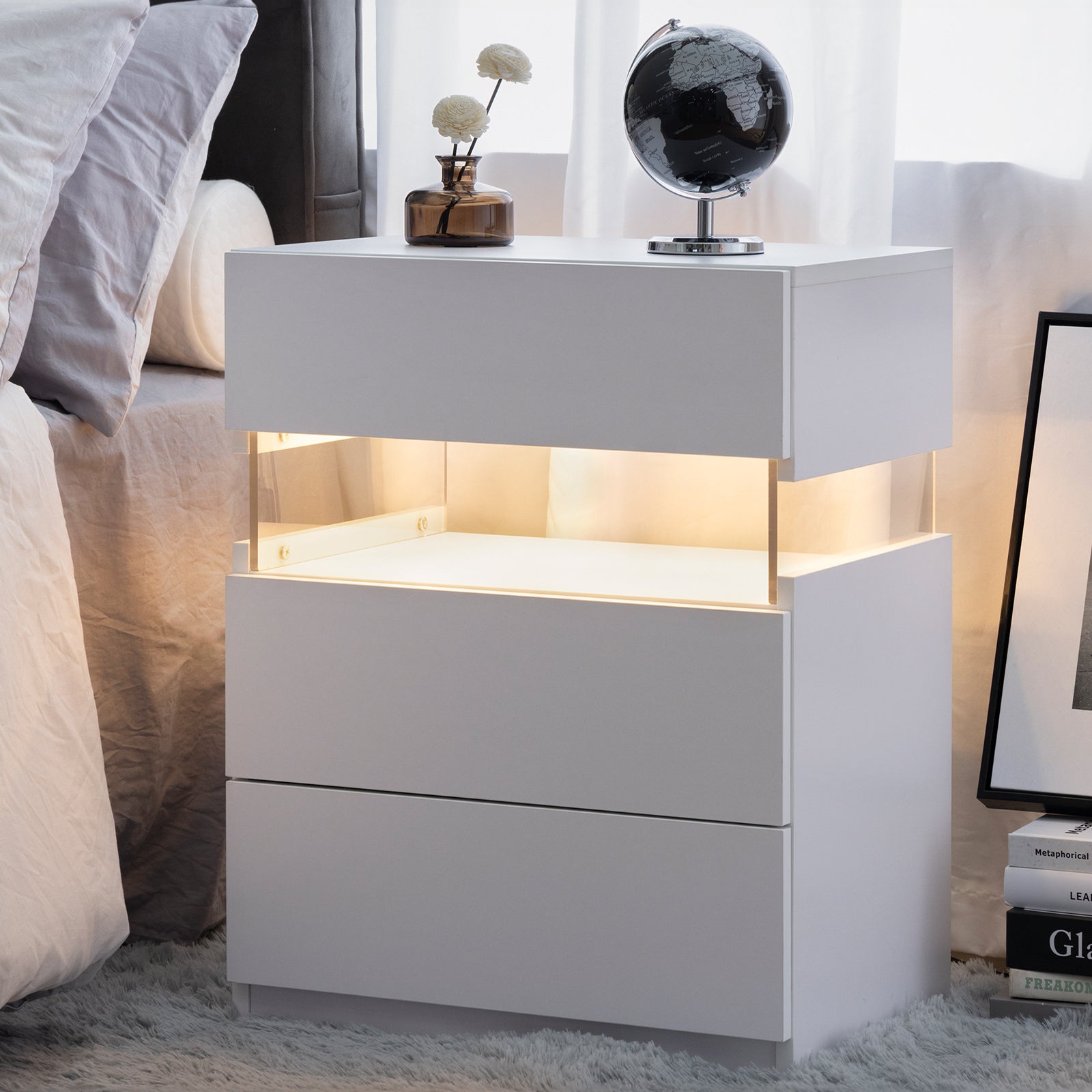 LED Nightstands 3 Drawer Dresser for Bedroom End Table with Acrylic Board LED Bedside Tables for Bedroom Living Room Bedside Furniture (White) - Abrihome