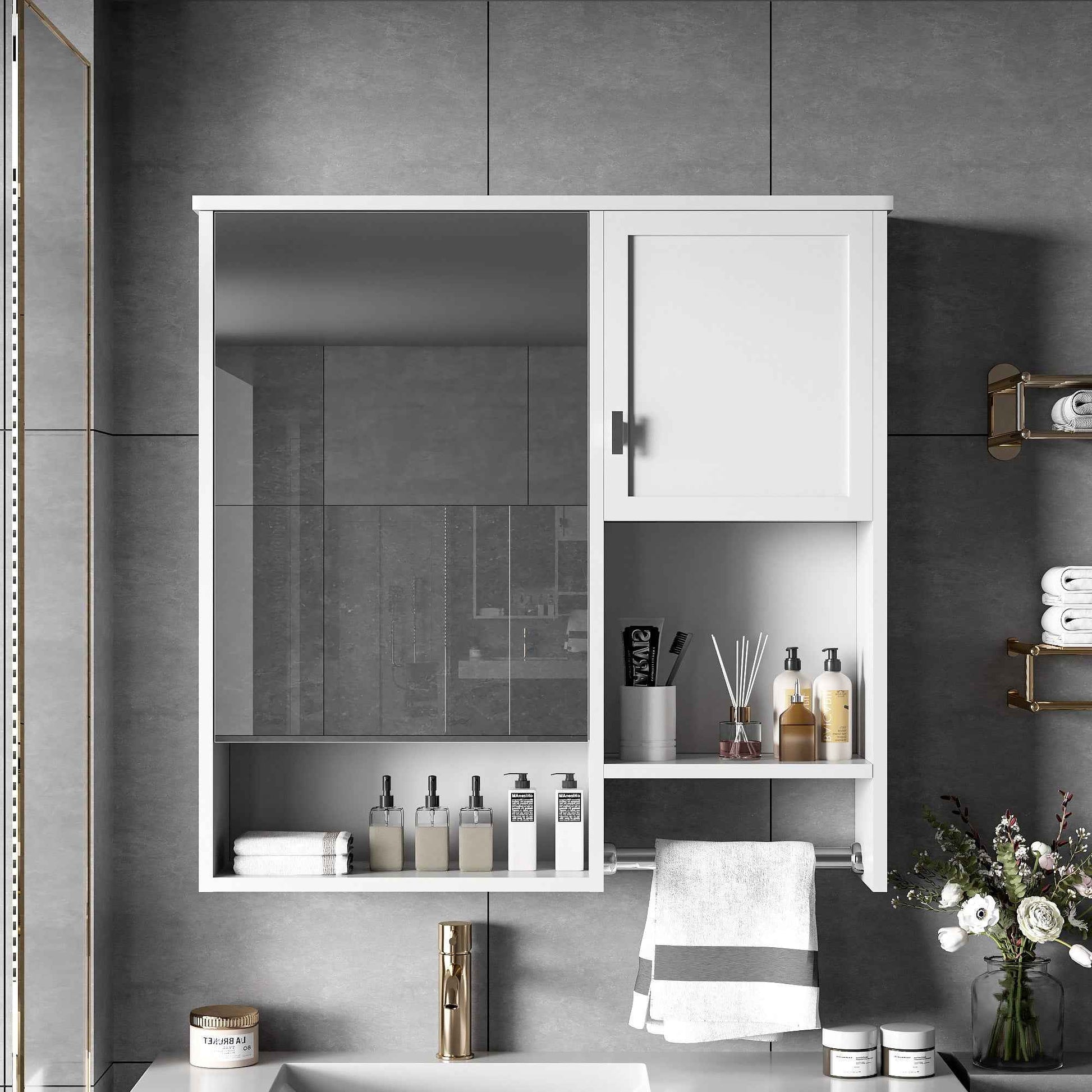 29'' x 28'' Modern Wall Mounted Bathroom Medicine Cabinet, Bathroom Wall Storage Cabinet with Mirror, Over the Toilet Space Saver Cabinet with Towels Bar
